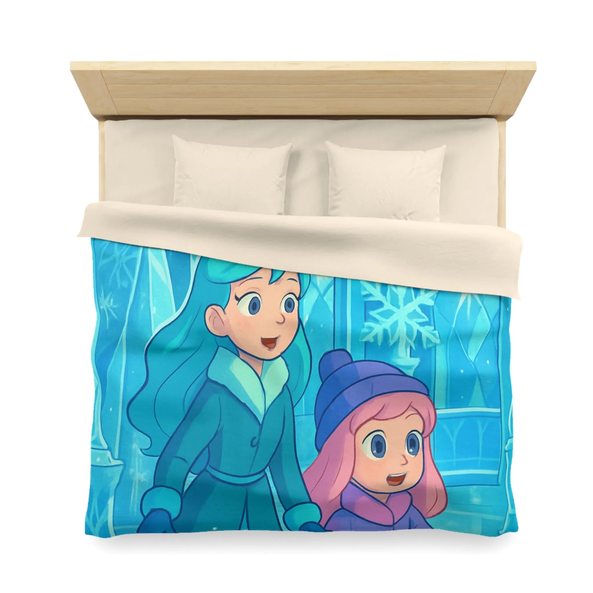 Élégante Housse Couette Glacée Enfants Magie Arctique avec Motifs Flocons et Statues