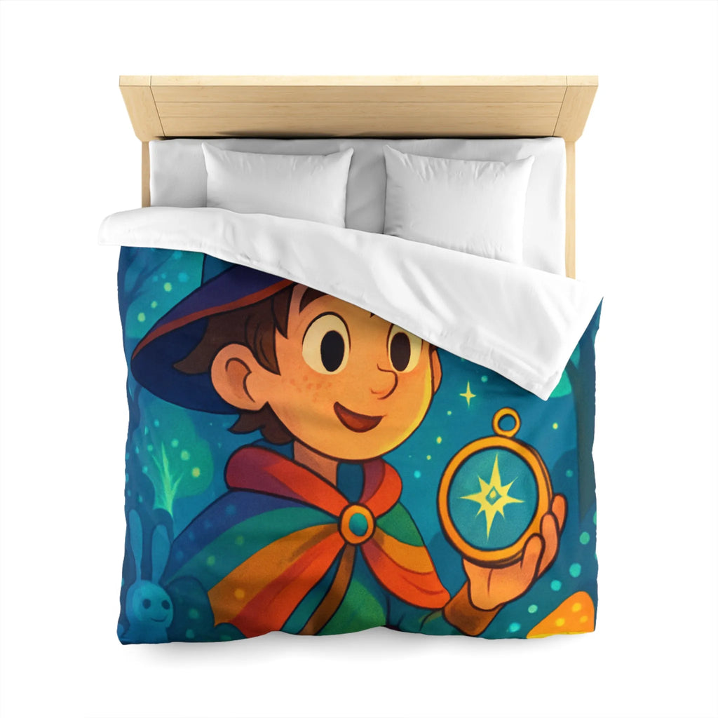 Housse de Couette Enfant Fantasy avec Sorcier et Dragon dans Forêt Enchantée Étoilée