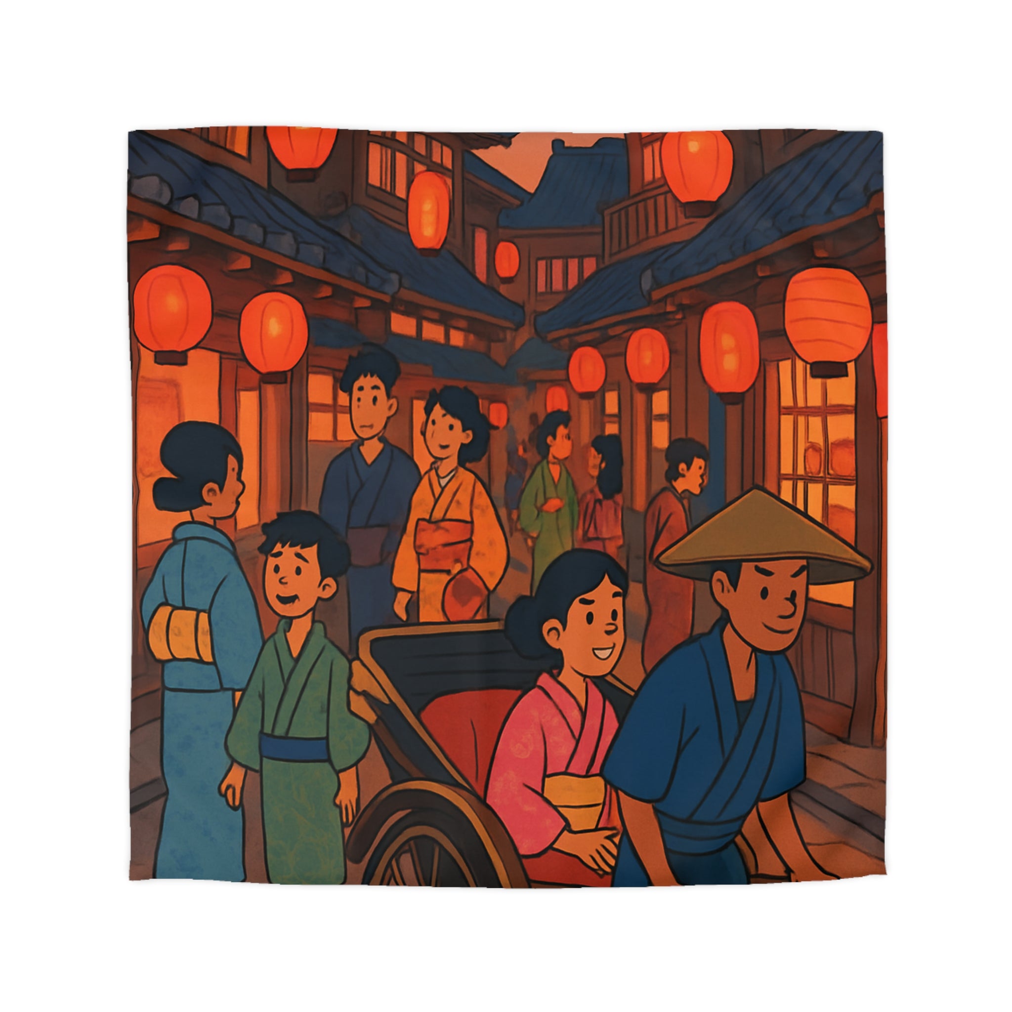 Housse de couette nocturne rouge et jaune avec lanterne et scène japonaise animée