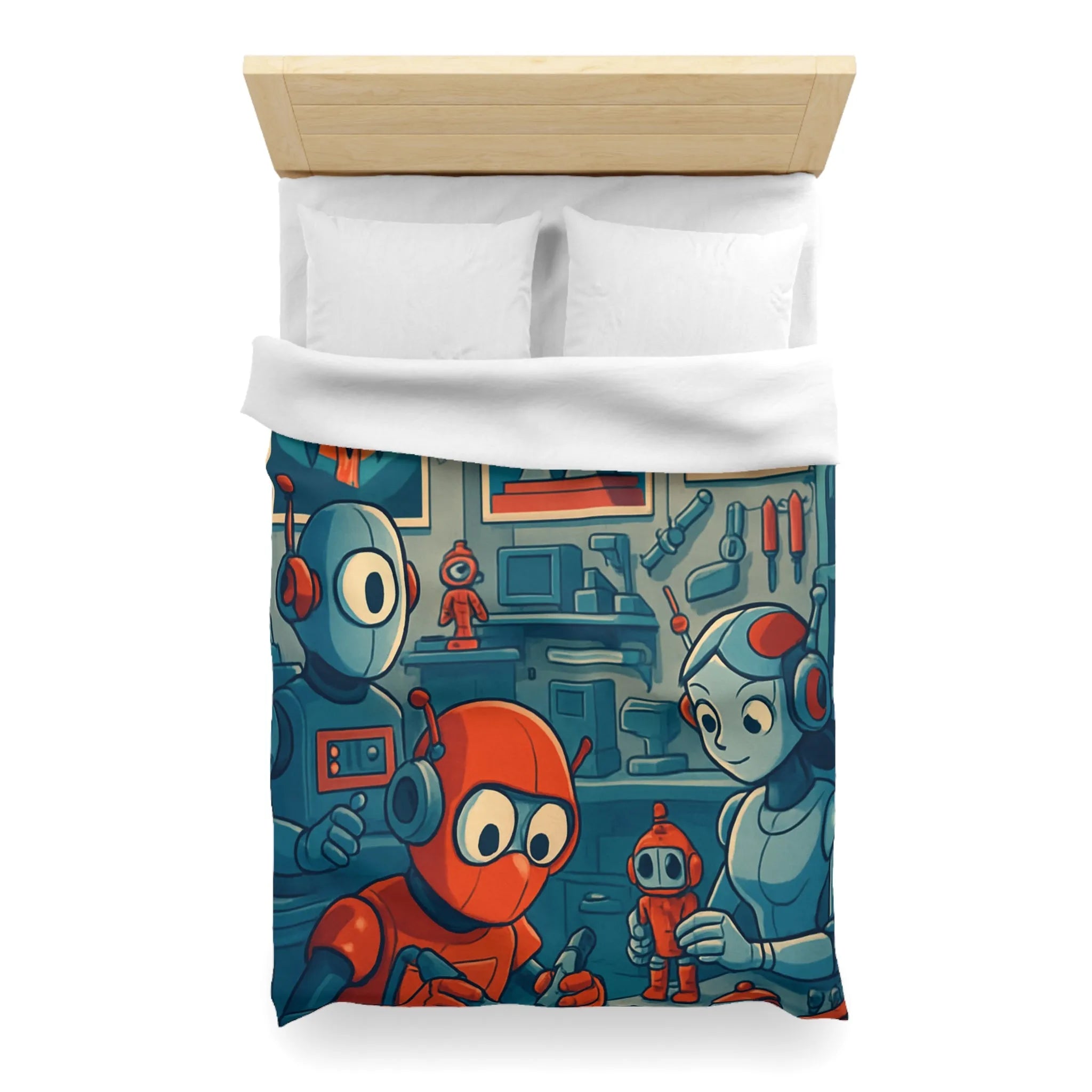 Housse de Couette Adorable Atelier de Robots pour Enfants au Look Rétro Futuriste
