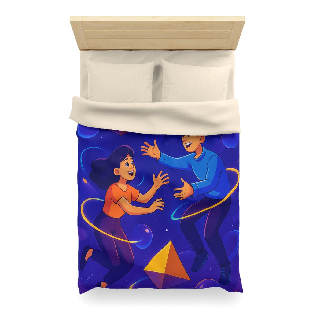 Housse de Couette Design Géométrique Magnifique avec Personnages Colorés et Éléments Spatiaux Vibrants