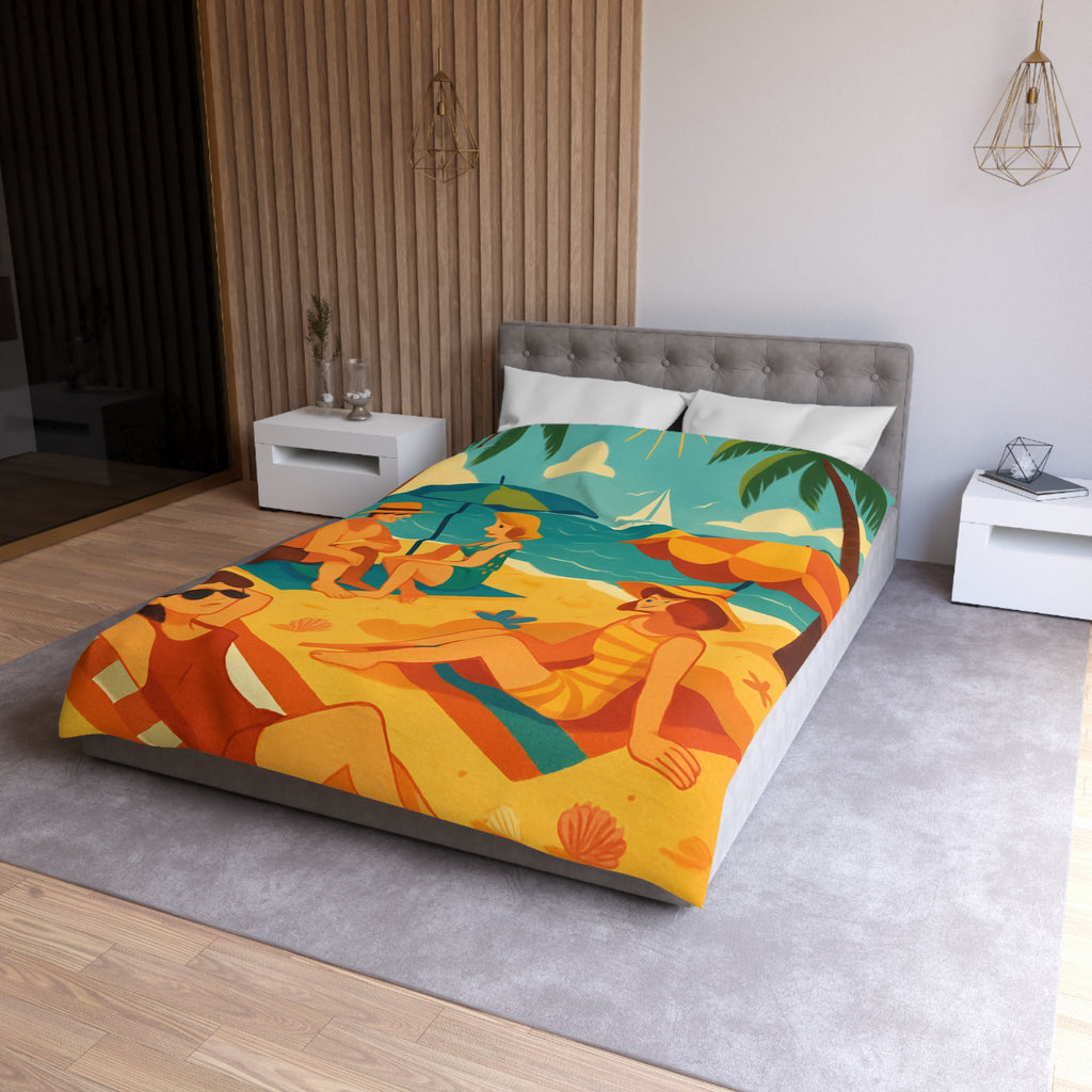 Housse de couette rétro plage colorée avec palmiers, parasols et amis au soleil