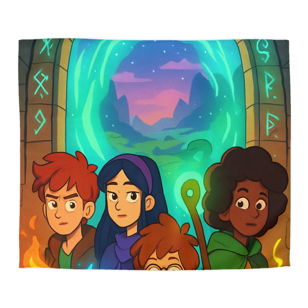 Housse de couette magique avec aventuriers devant portail et runes lumineuses