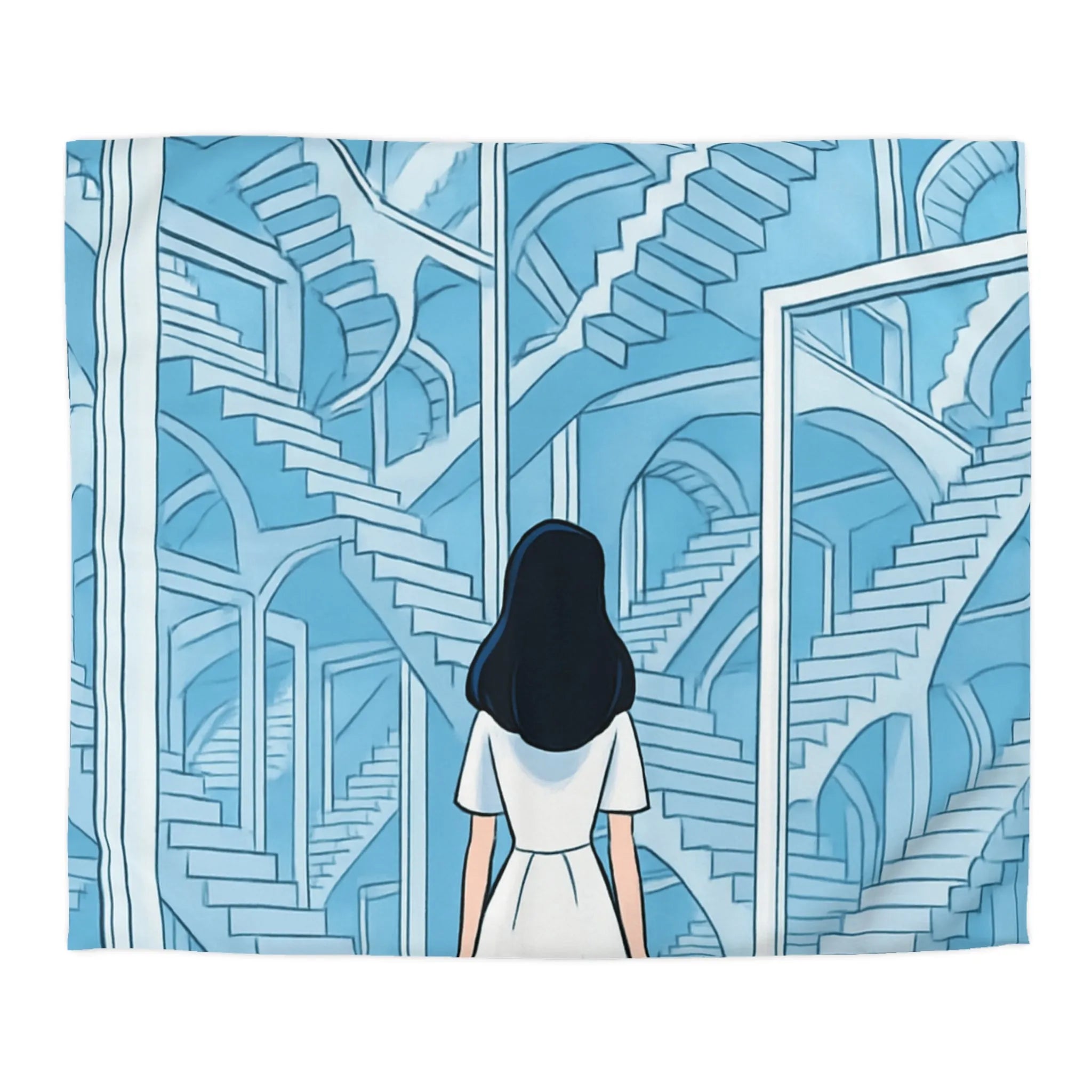 Housse de couette escalier infini en bleu avec femme en robe blanche contemporaine