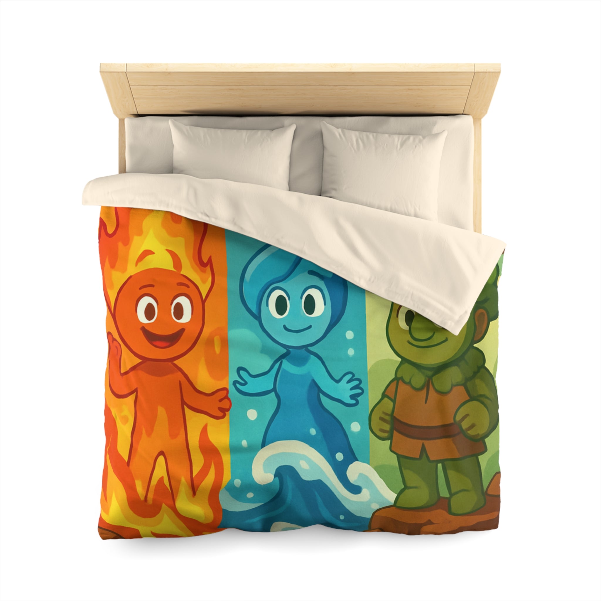 Trois Élémentaires Enfants Sympathiques : Feu, Eau, Terre dans un Décor Coloré Illustré