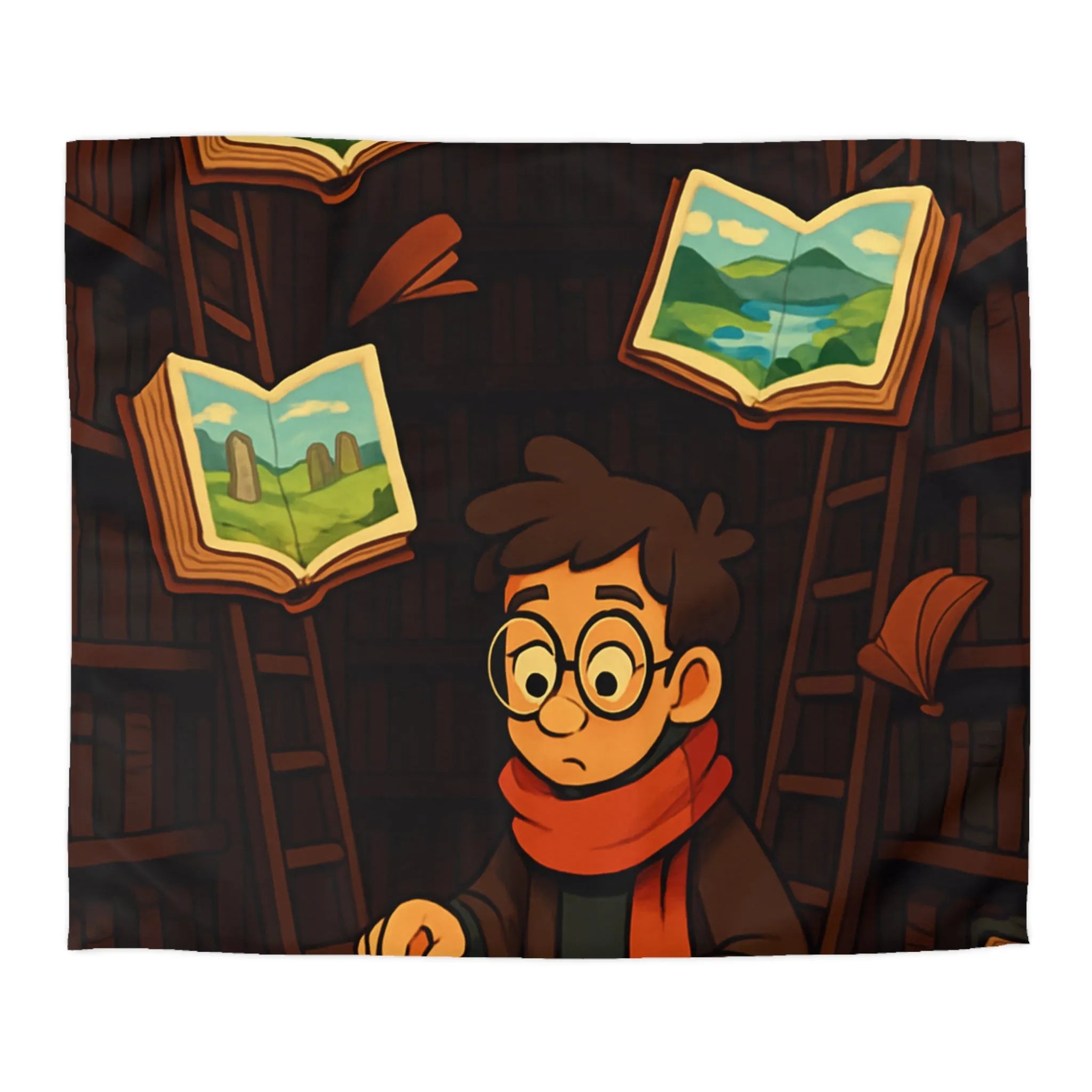 Housse de couette magique avec livres flottants et bibliothèques pour chambre enchantée