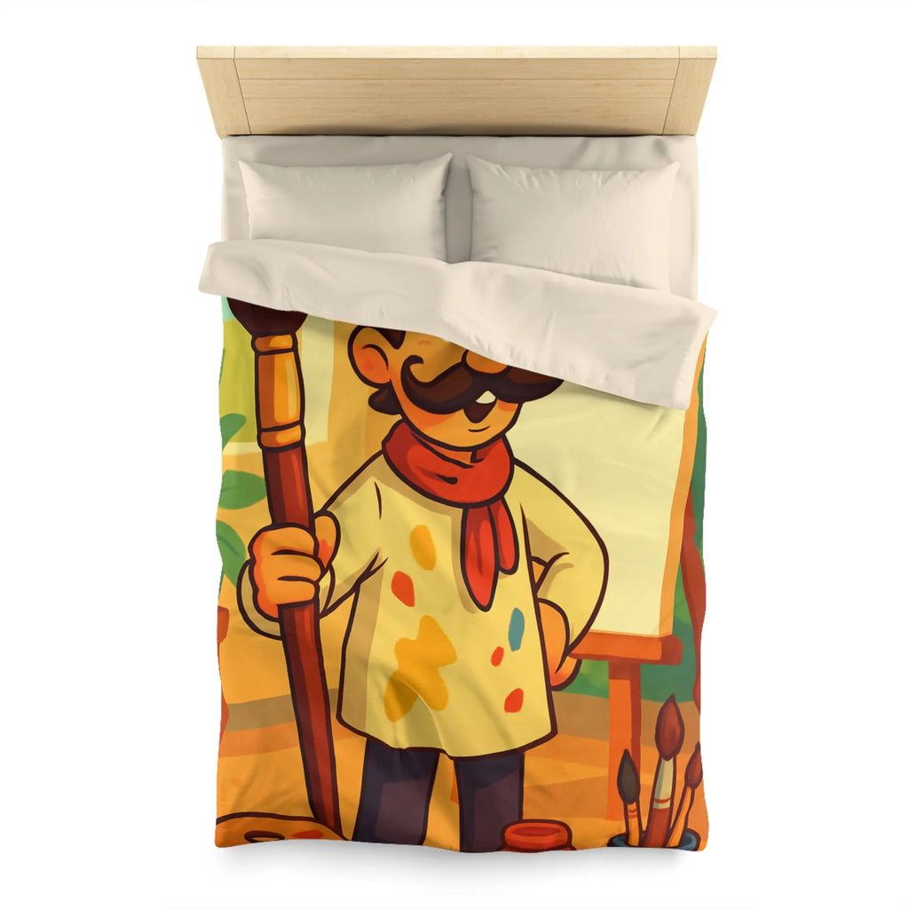 Housse de couette artiste moustachu amusant avec chevalet, pinceaux et pots de peinture