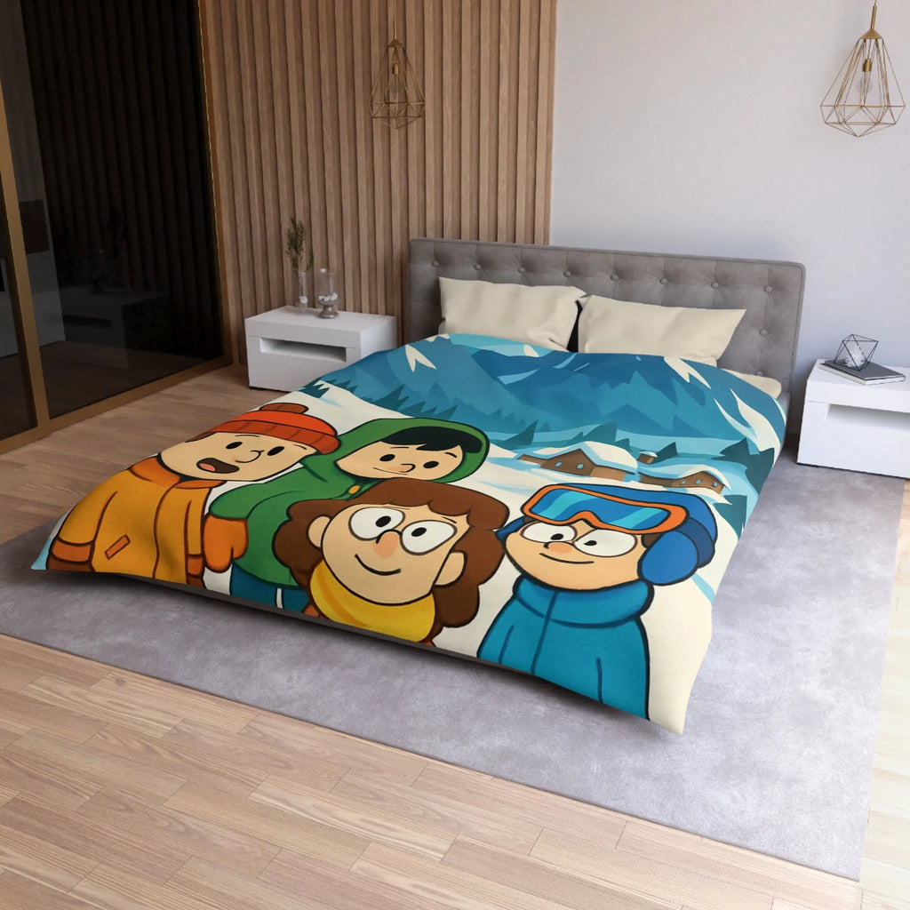 Housse de couette avec enfants joyeux et montagnes enneigées pour chambre d'enfant