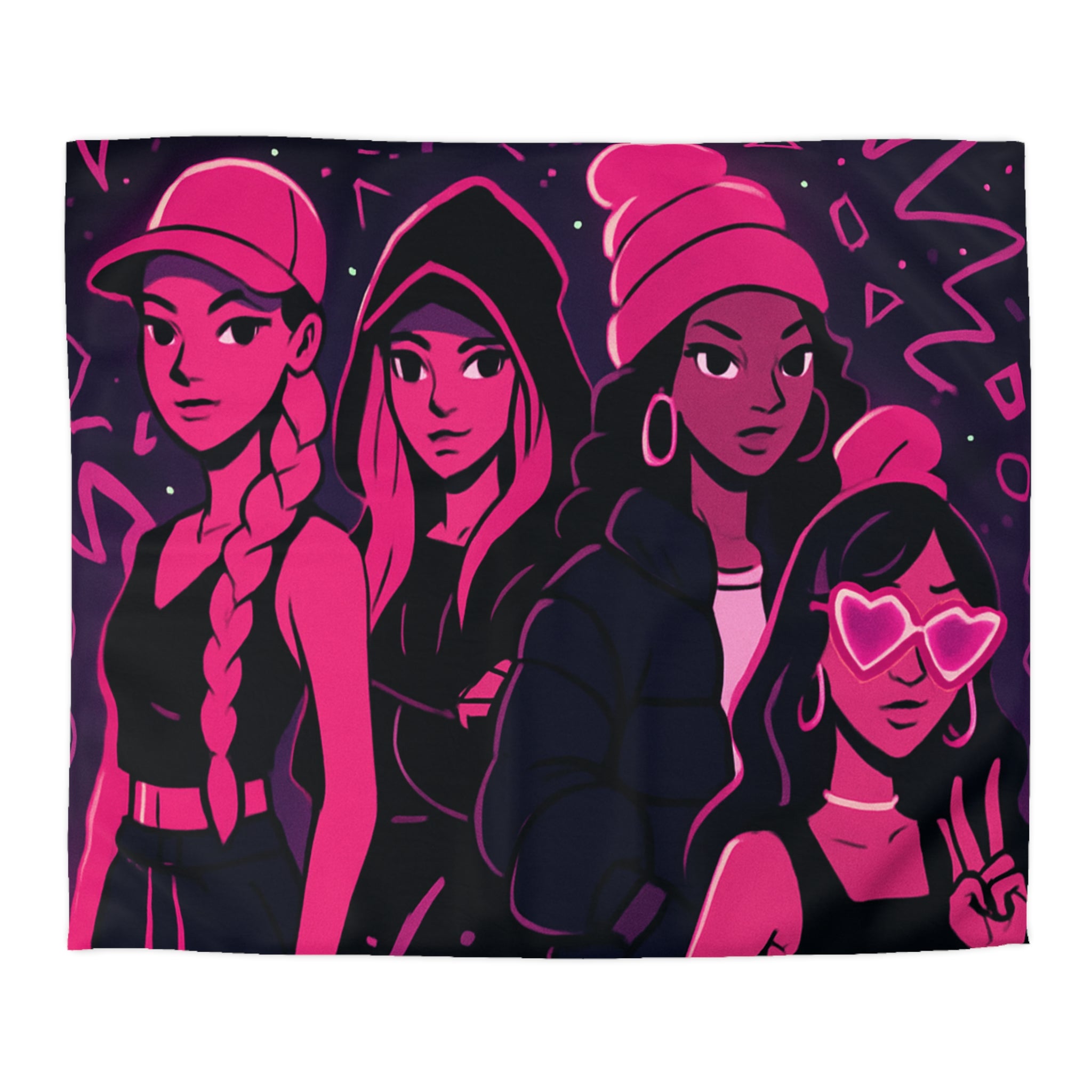 Housse de couette urbaine avec silhouettes féminines et motifs fluorescents nuit étoilée