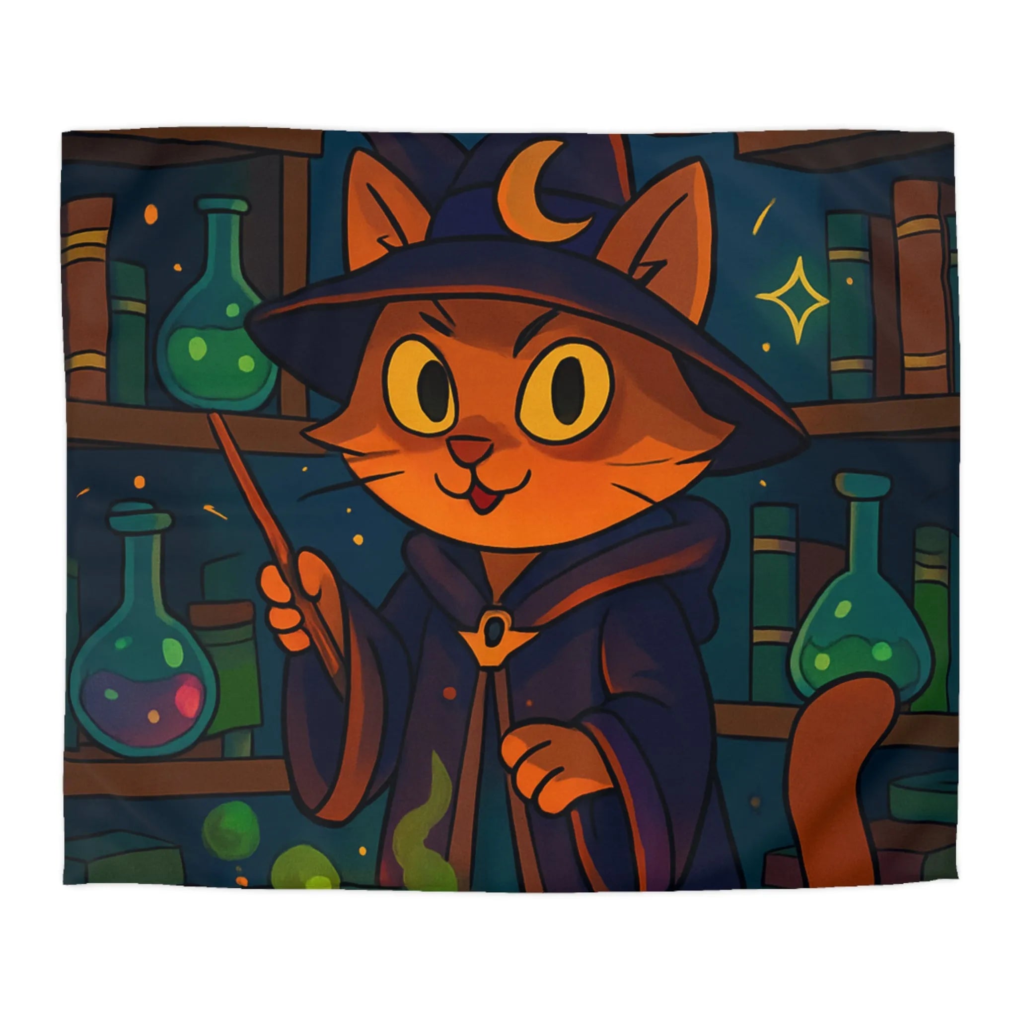 Housse de couette féline magique avec chat sorcier et chaudron dans bibliothèque colorée