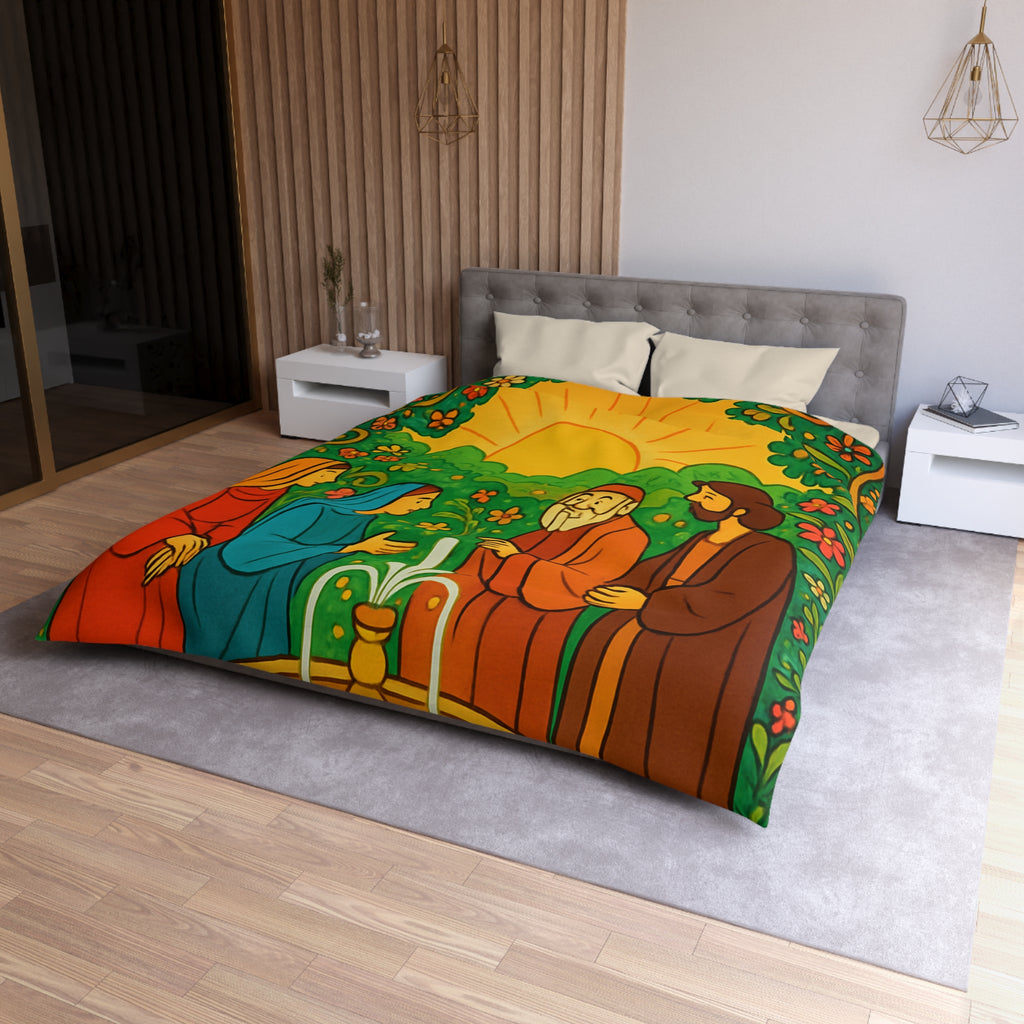 Housse de couette vibrante avec scène florale colorée et figures en discussion harmonieuse