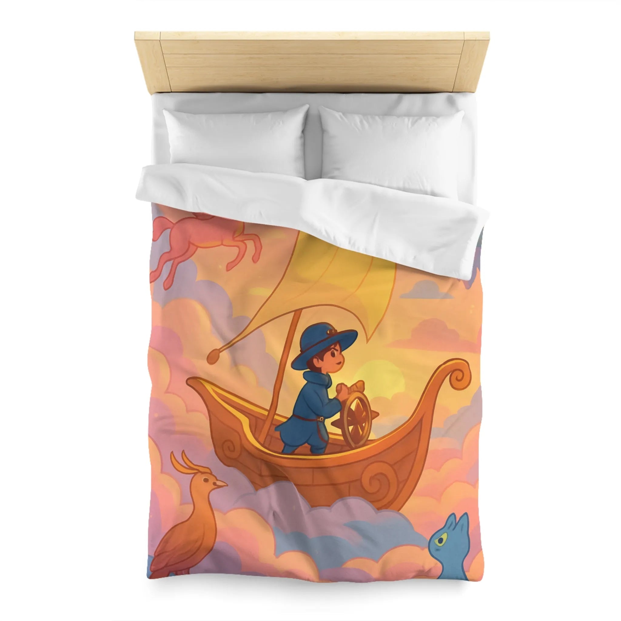 Housse de Couette Enchantée Avec Licorne et Bateau Volant Dans le Ciel Éthéré