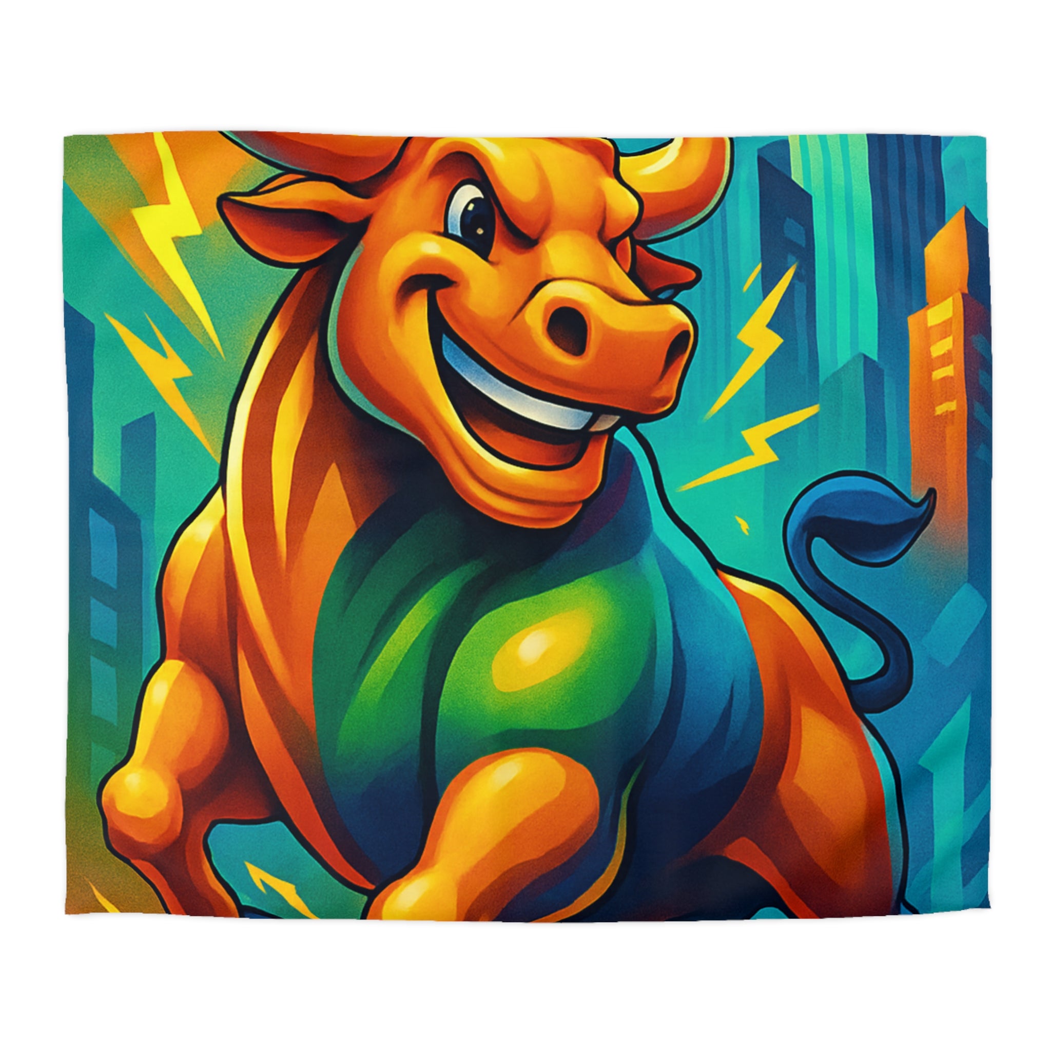 Illustration dynamique d'un taureau énergique avec gratte-ciel modernes et flèches ascendantes