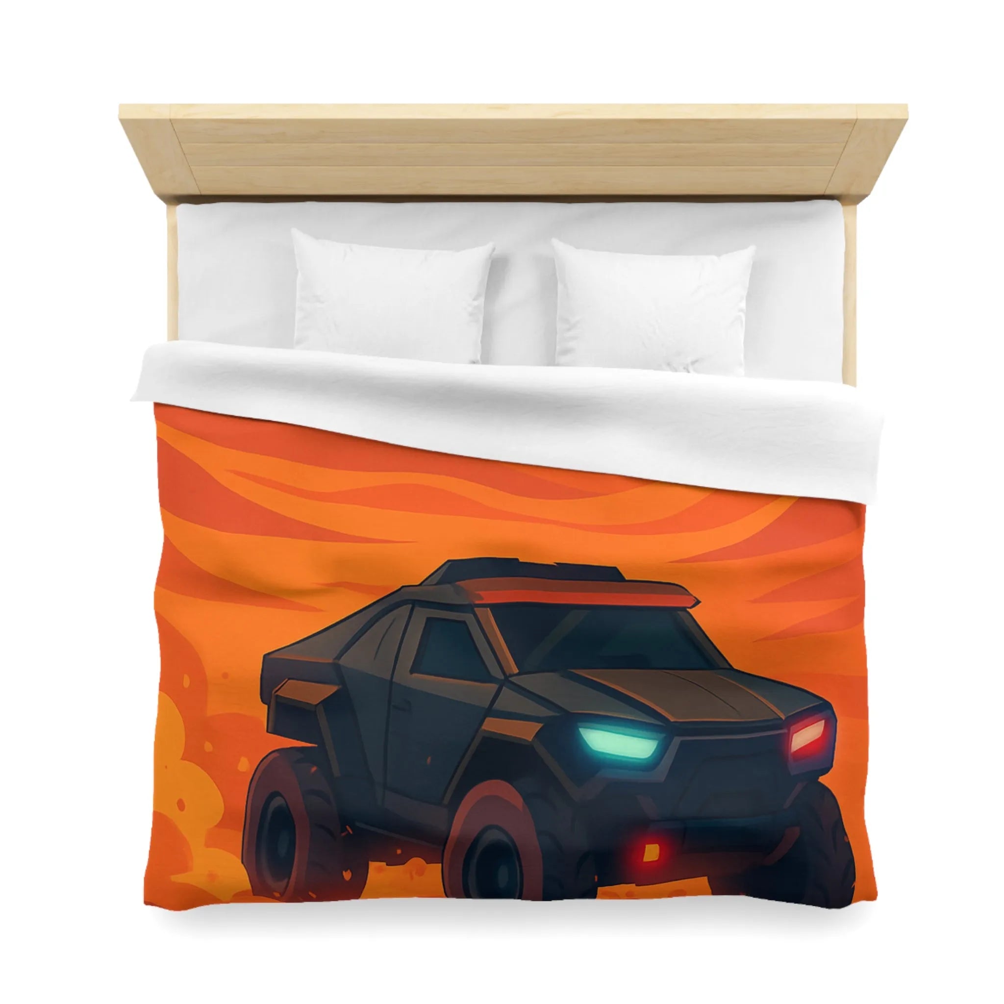 Housse de couette avec design de voiture tout-terrain dans désert orange au coucher du soleil