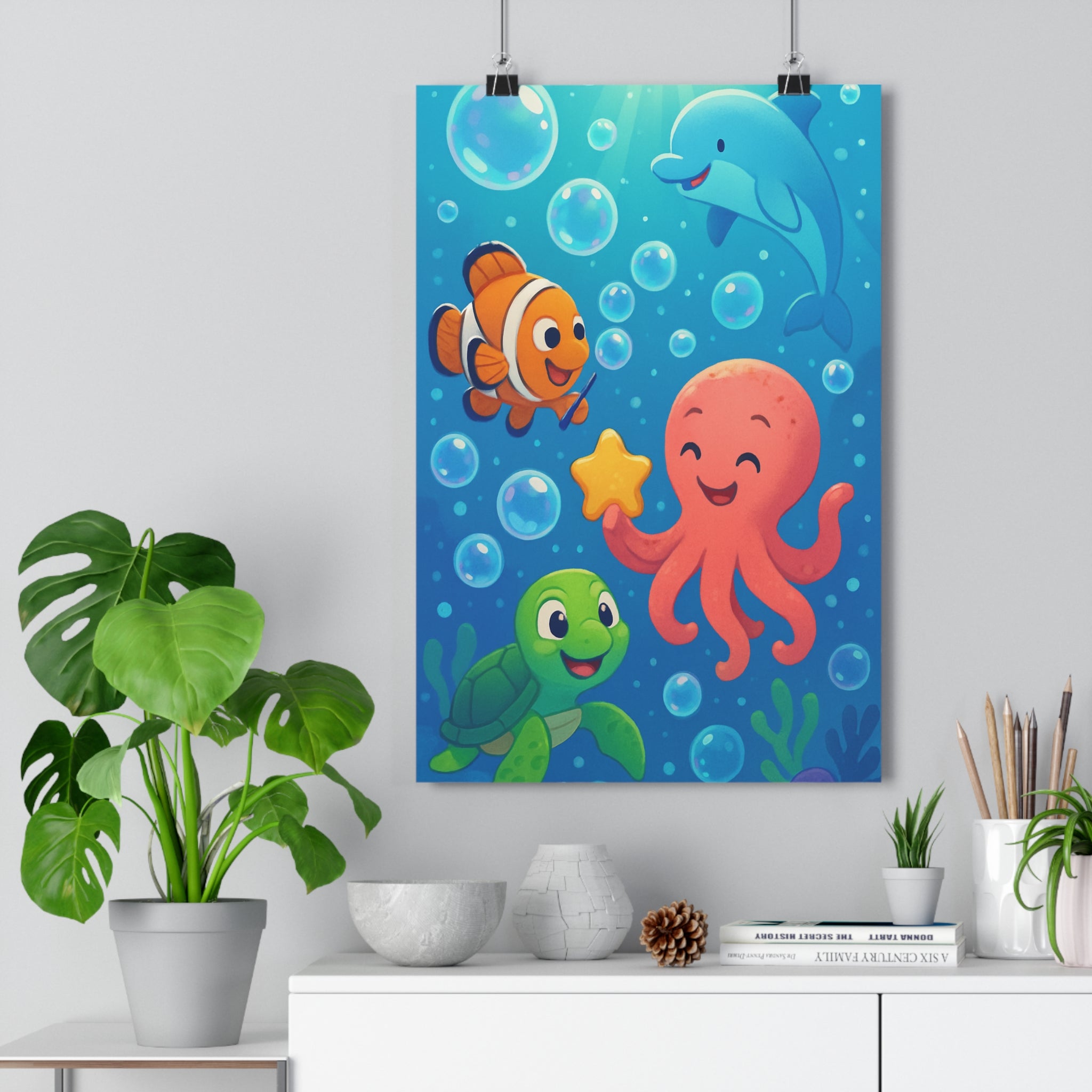 Poster décoratif aquatique cartoon bleu vert joyeux salle bain enfant dauphin tortue pieuvre 30x46