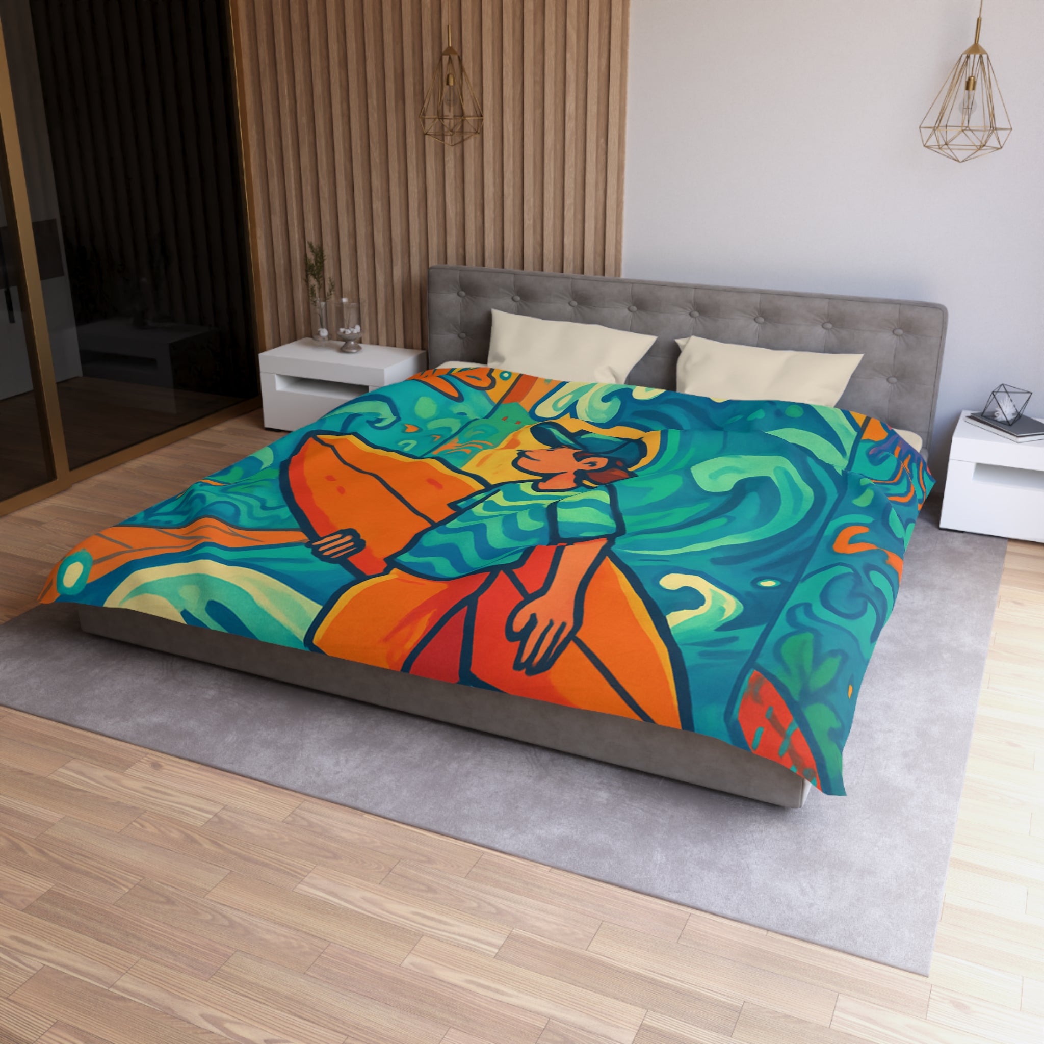 Housse de Couette Vibrante pour Surfeurs Mélangeant Art Surréaliste et Exploration Urbaine