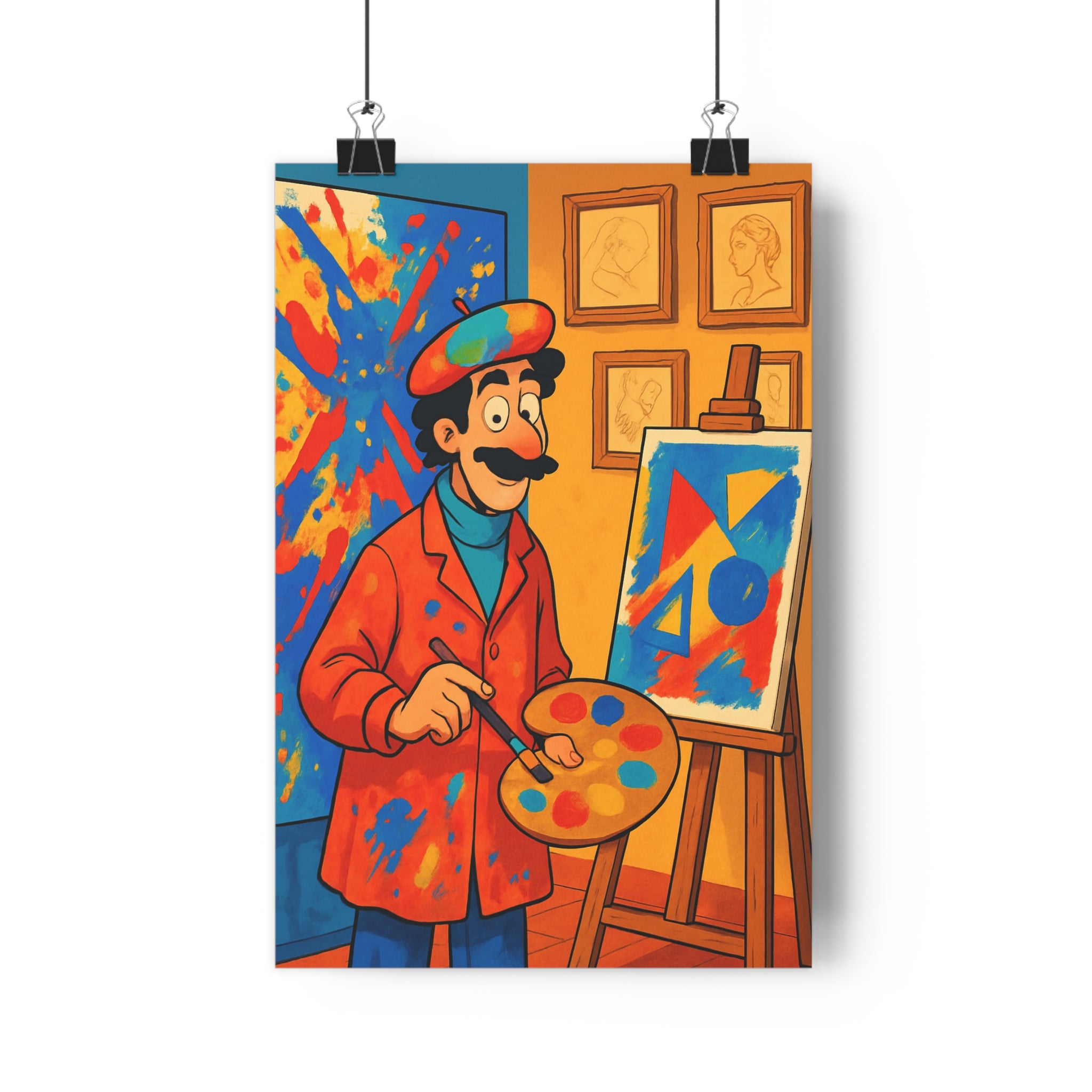 Poster décoratif cartoon impressionniste bleu rouge jaune peintre moustachu salon chambre créatif artistique ambiance