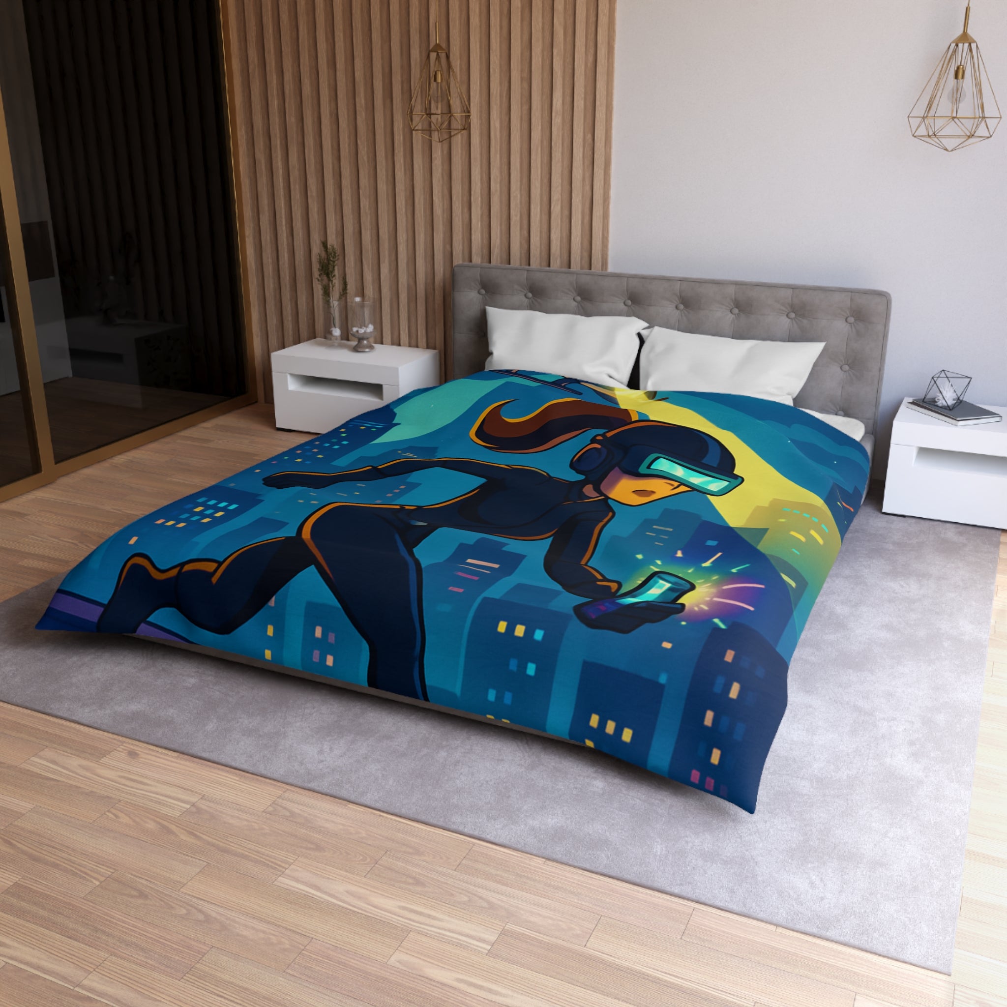 Housse de couette moderne avec motif de ville et personnage futuriste en action