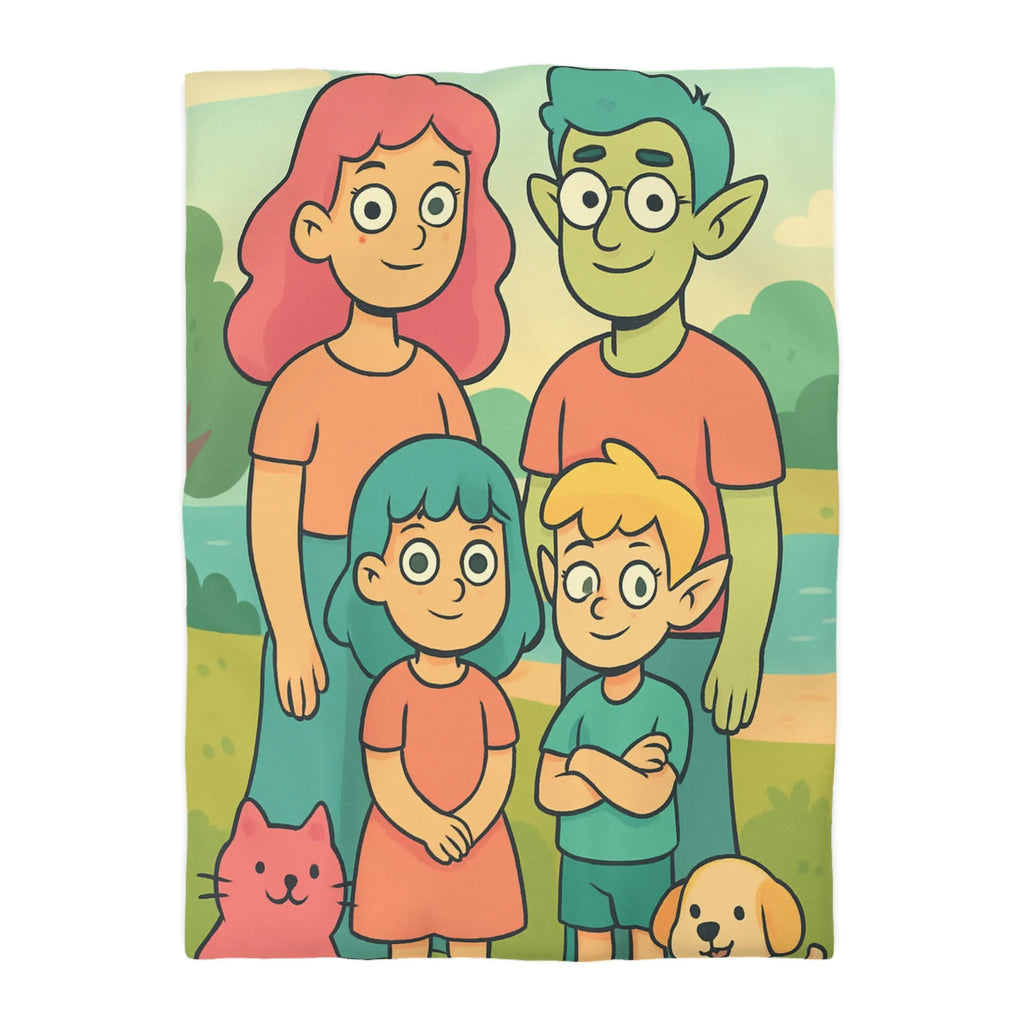 Housse de couette chaleureuse illustrant une famille enchantée et ses animaux compagnons ludiques