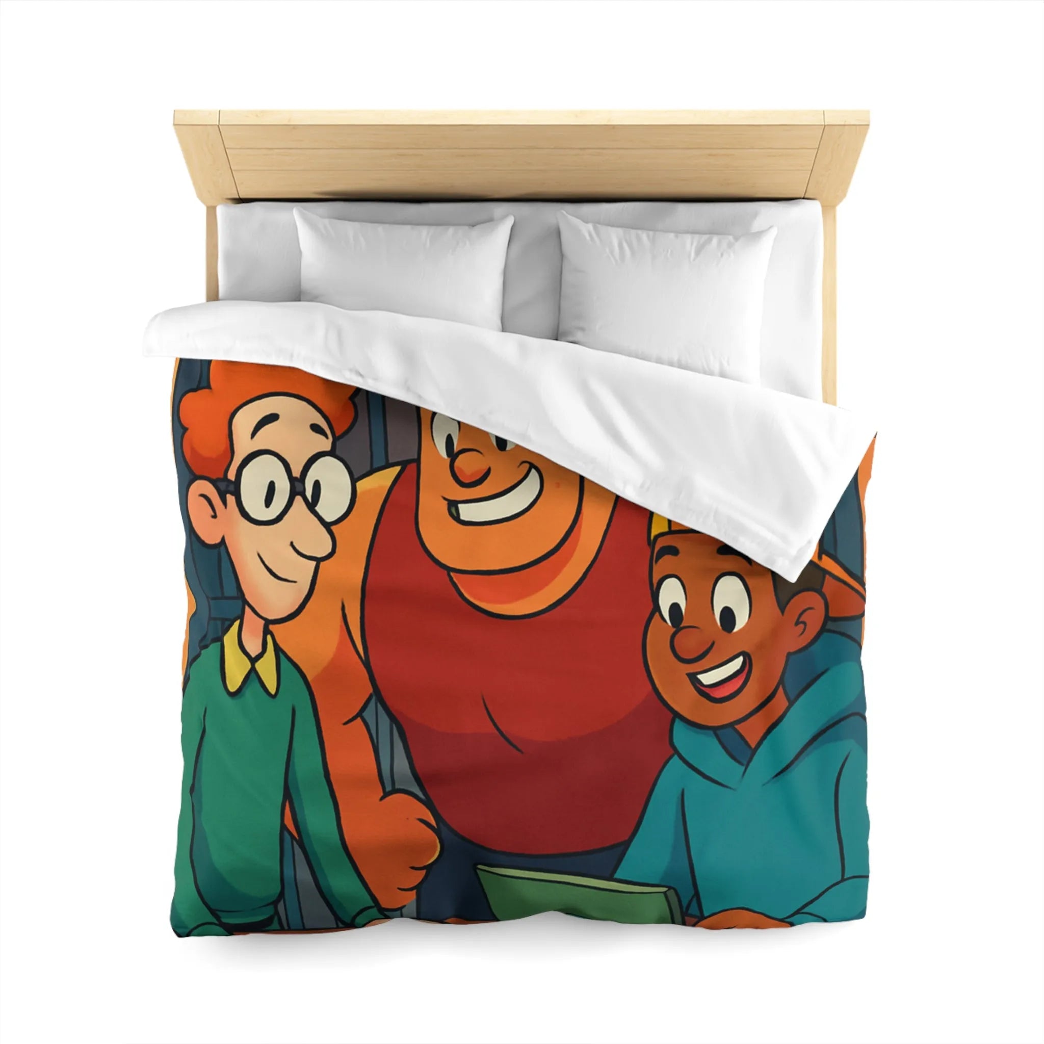 Housse de couette colorée avec plan et personnages animés souriants en arrière-plan