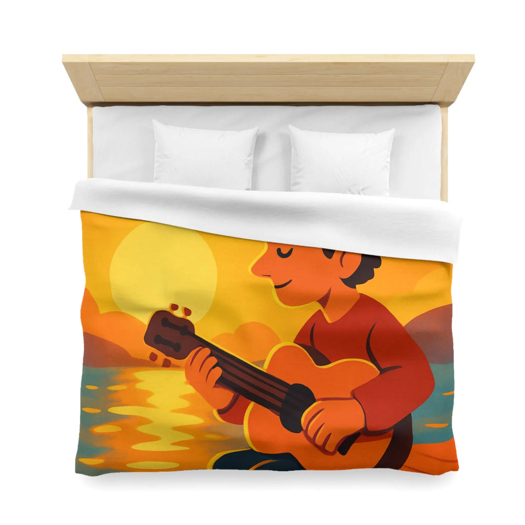 Housse de couette avec illustration relaxante d'un coucher de soleil et musicien