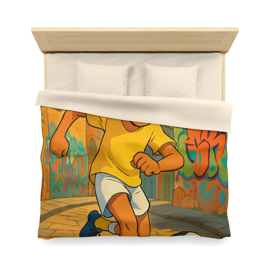 Housse de couette jaune enfant illustrant garçon jouant au football dans une ruelle colorée