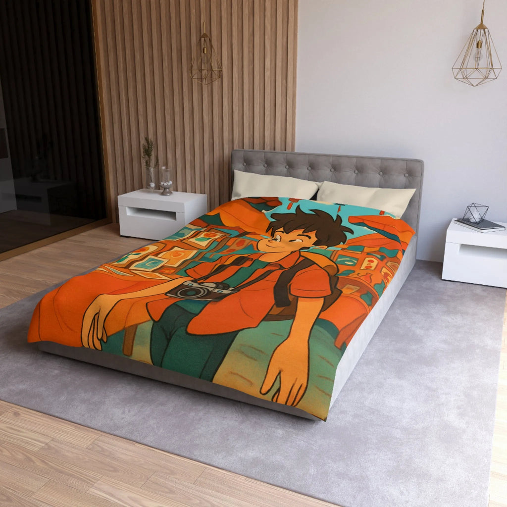 Housse de couette animée avec jeune explorateur et marché aux lanternes colorées