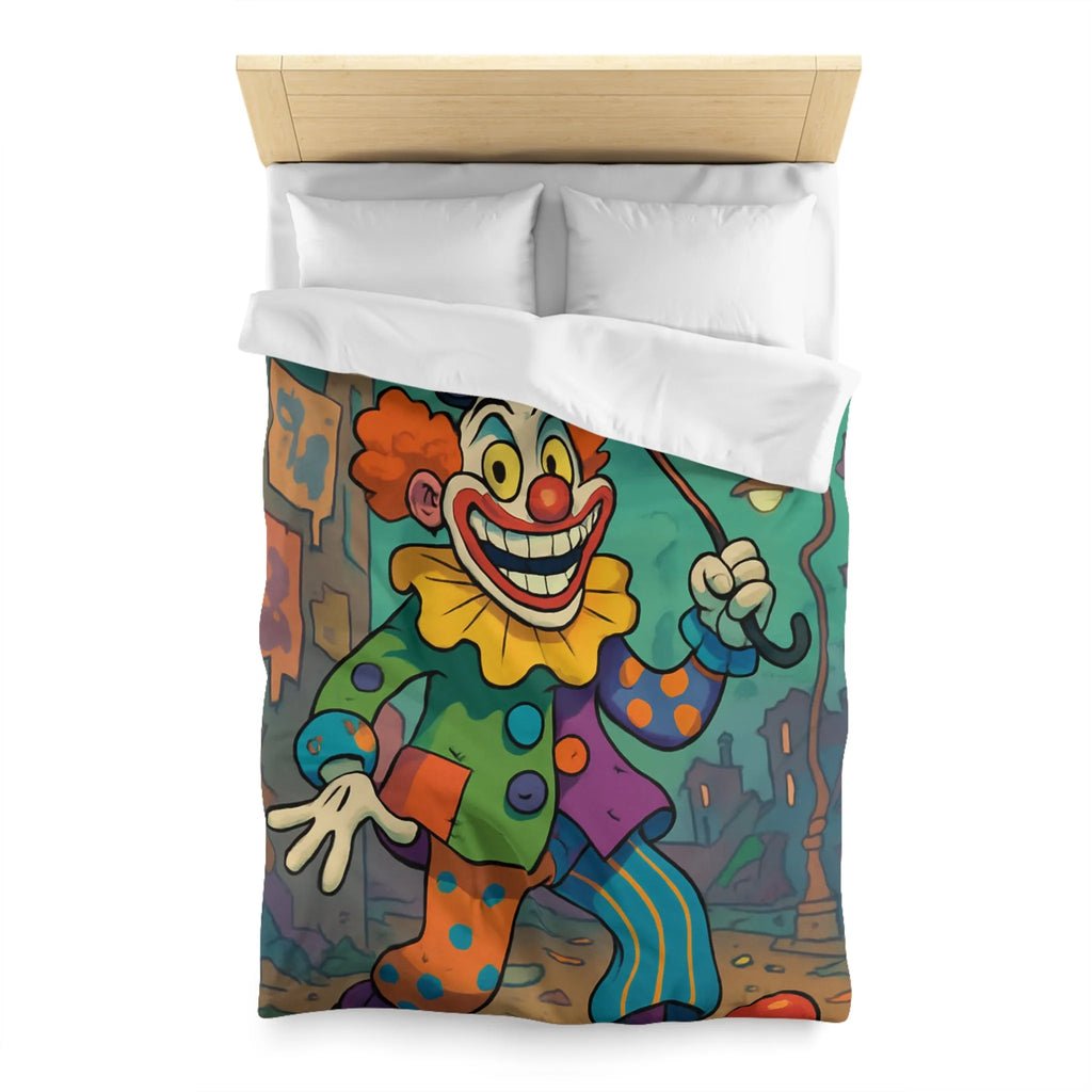 Housse de couette colorée avec clown joyeux et parapluie en pleine ville animée