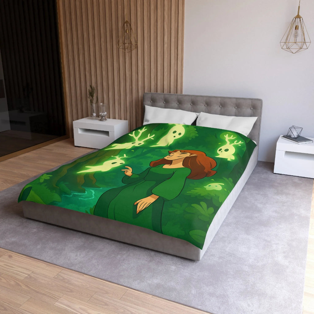Housse de couette enchantée avec esprits lumineux dans une forêt mystérieuse et verdoyante