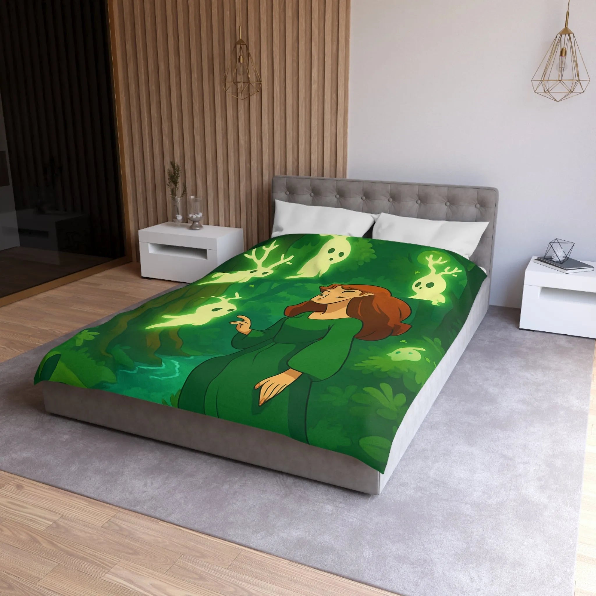 Housse de couette enchantée avec esprits lumineux dans une forêt mystérieuse et verdoyante