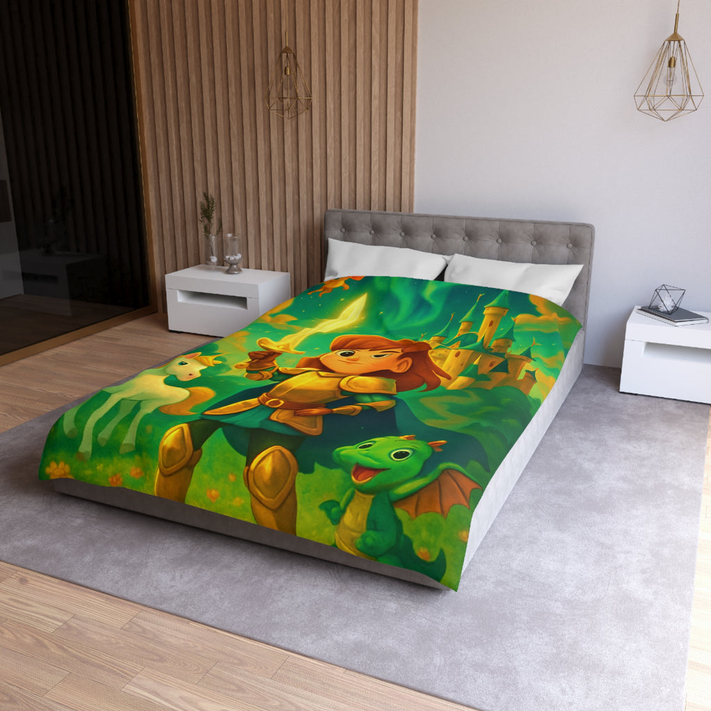 Housse de couette pour enfants avec chevalier, château et animaux fantastiques
