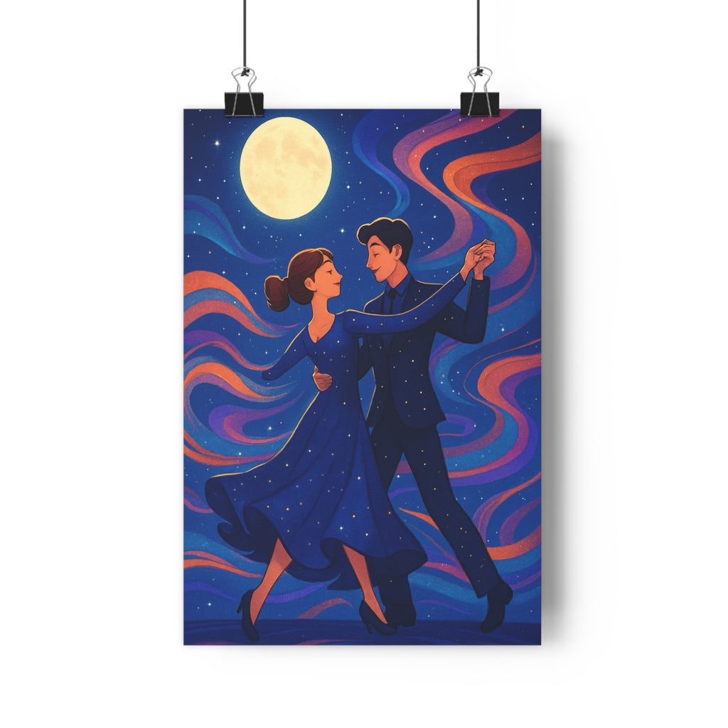 Poster décoratif danse couple moderne bleu orange violet salon chambre ambiance élégante lumineuse contrastée