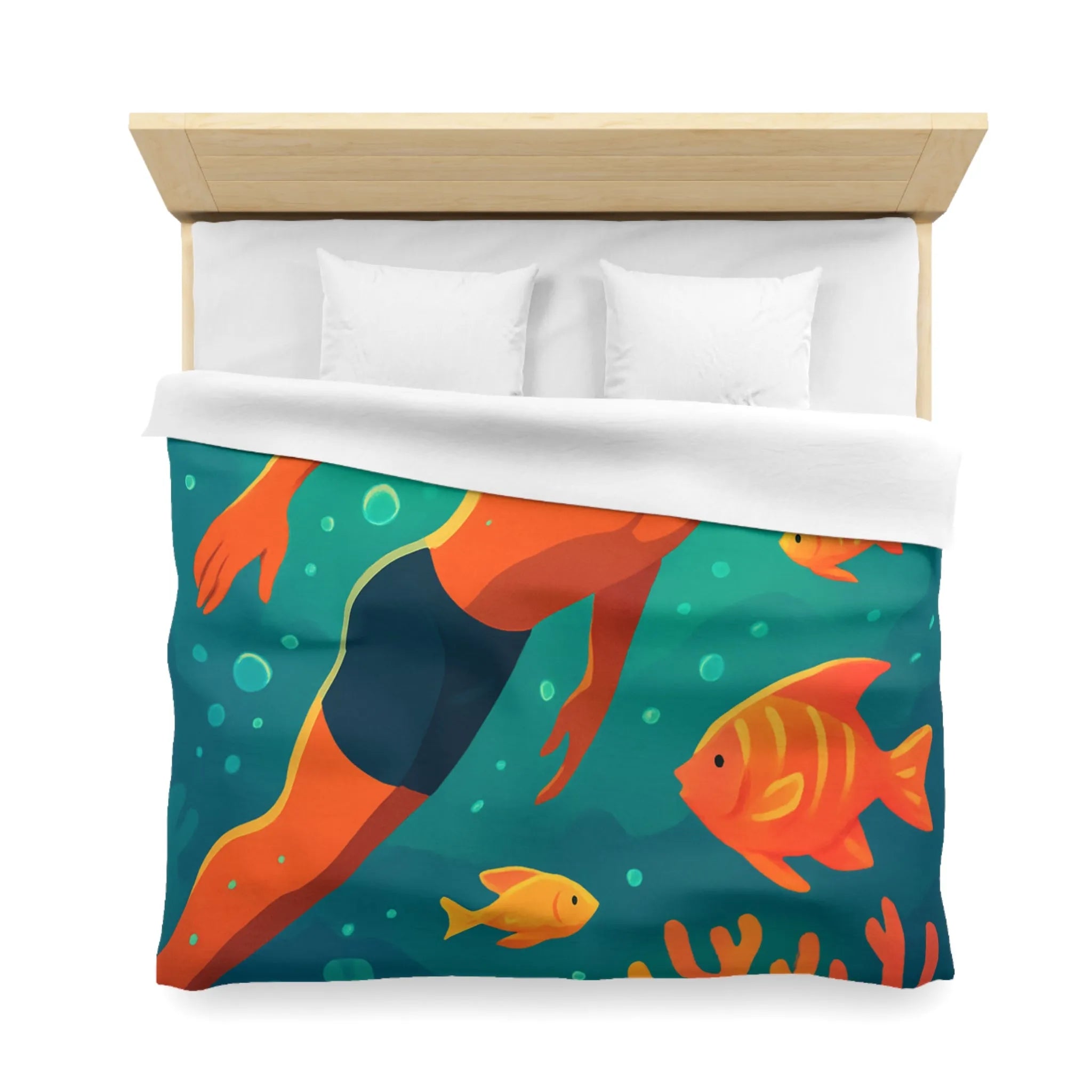 Housse de couette avec motif nageur et poissons tropicaux vifs pour chambre apaisante