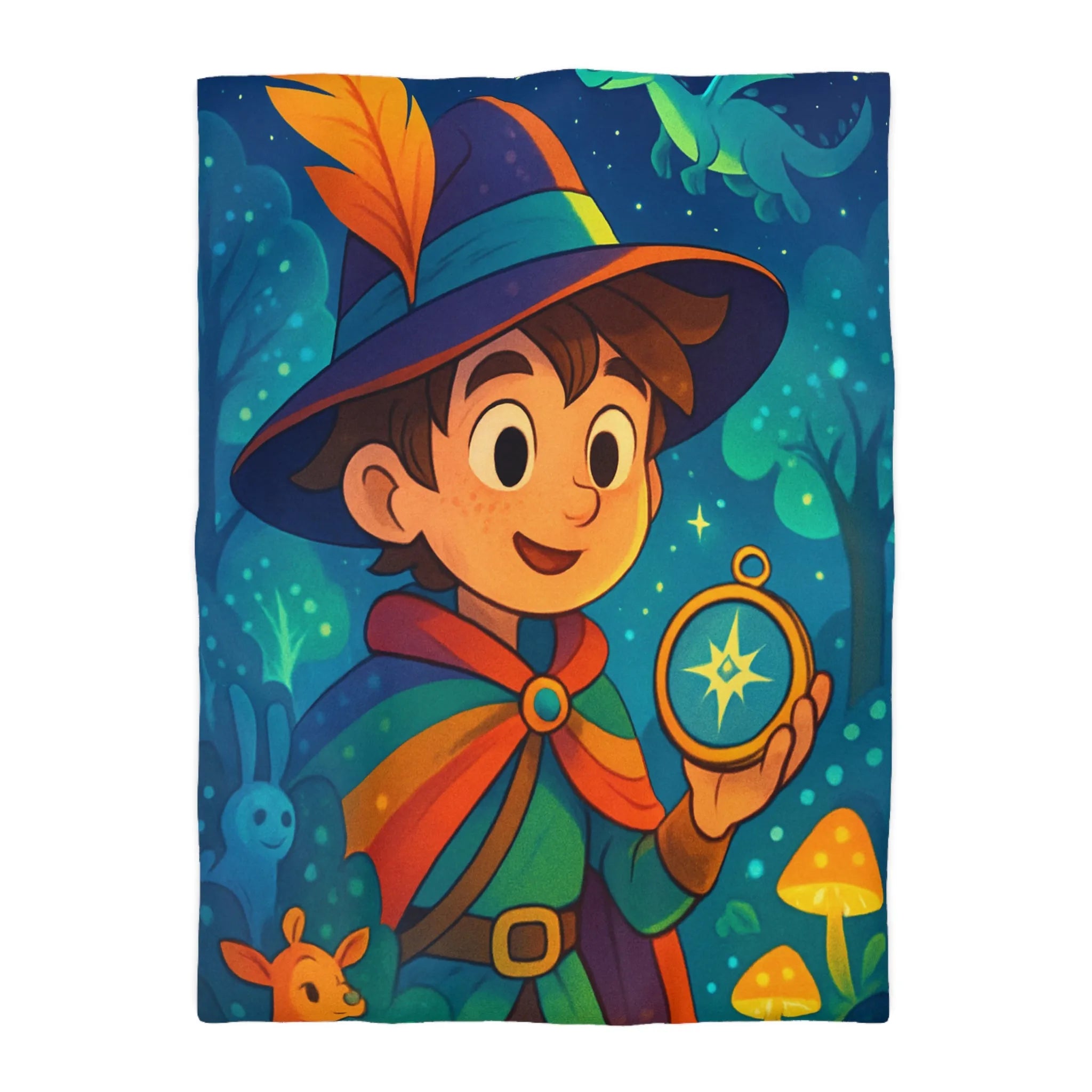 Housse de Couette Enfant Fantasy avec Sorcier et Dragon dans Forêt Enchantée Étoilée