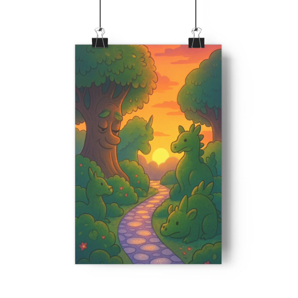 Poster décoratif enchanté cartoon forêt féerique vert orange coucher soleil chambre enfant 30x46 ambiance