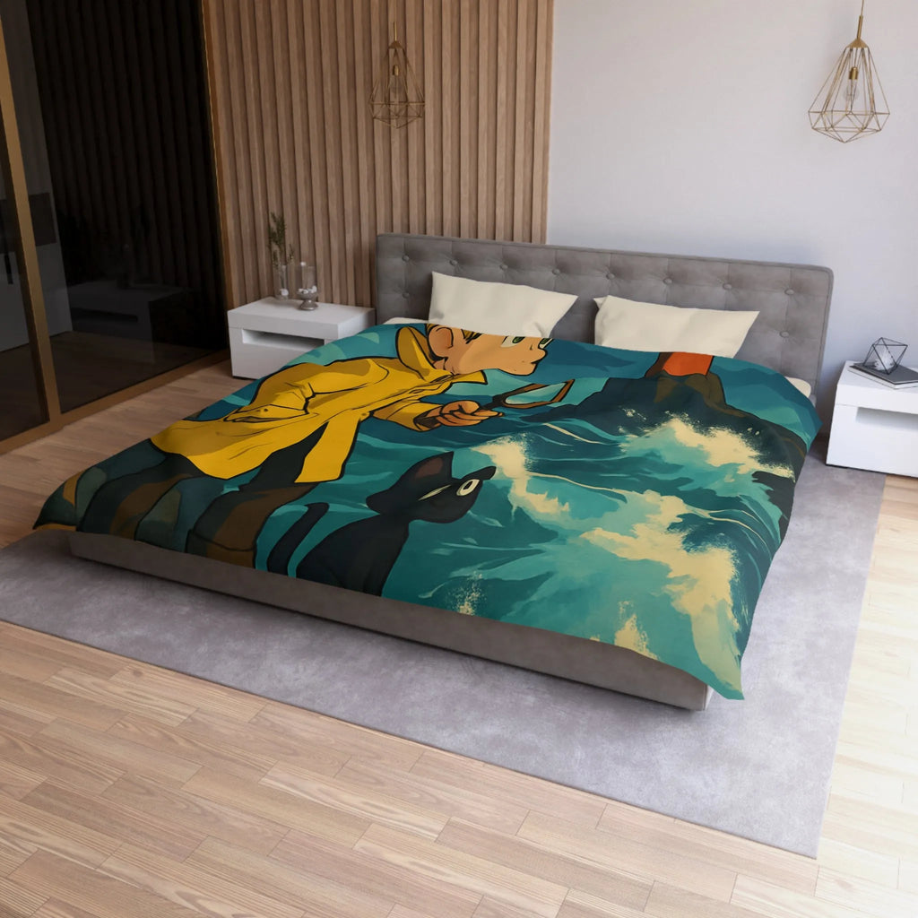 Housse de Couette Aventure Enfantine avec Phare, Océan et Chat Mystérieux