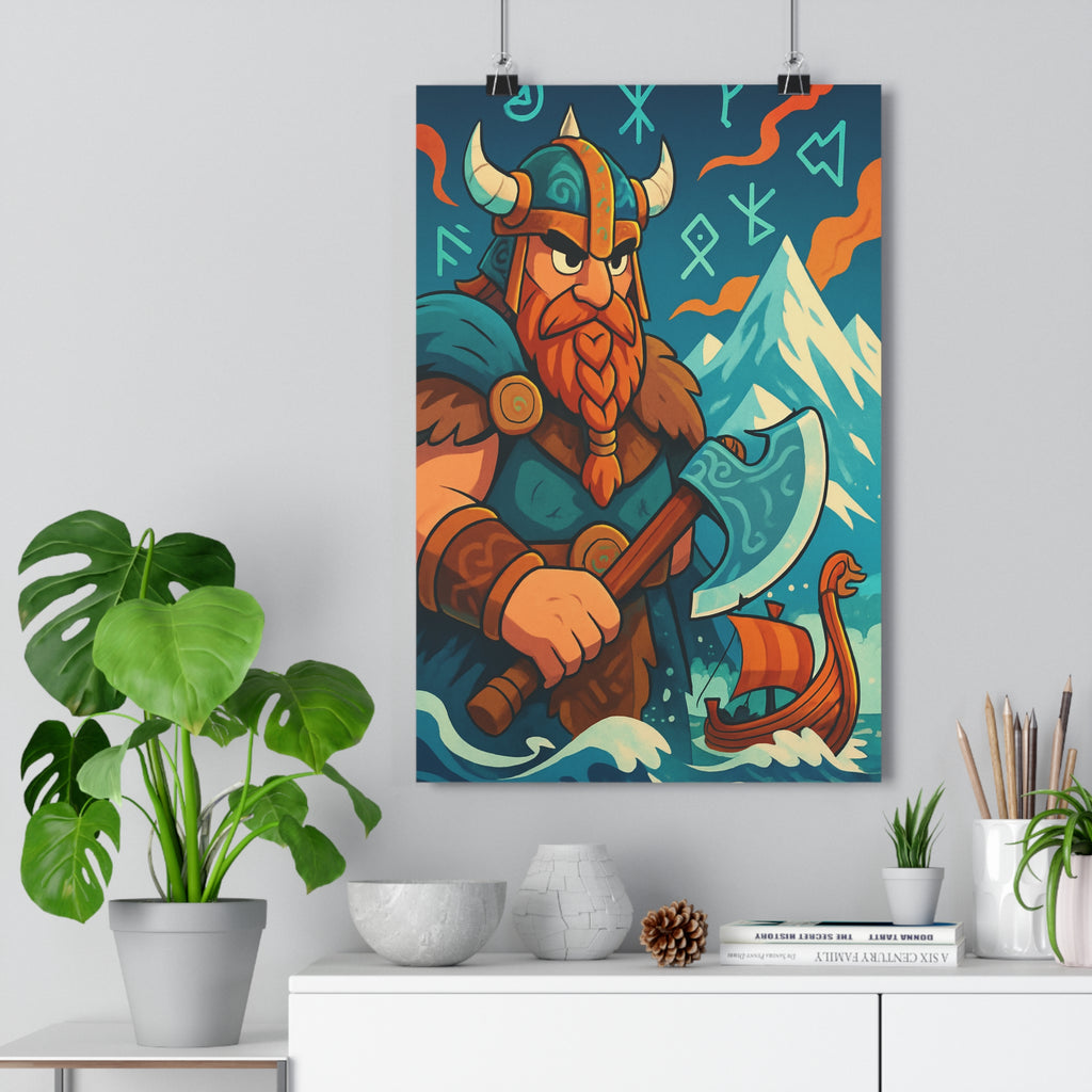 Poster décoratif épique guerrier nordique dessin animé runes drakkar montagne mer chambre salon qualité