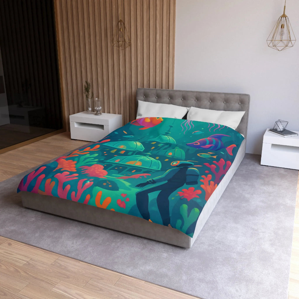 Housse de couette aux couleurs vibrantes inspirée d'une cité sous-marine avec poissons exotiques