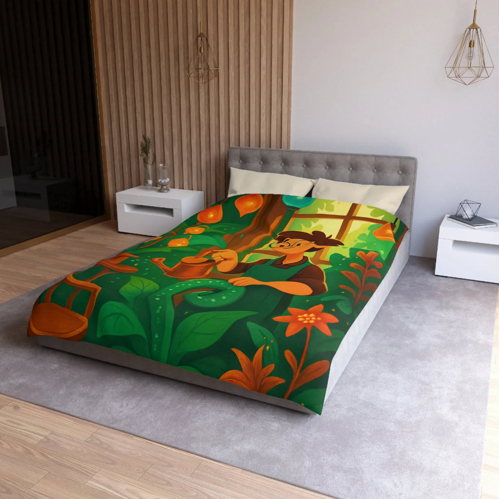 Housse de couette colorée avec illustration botanique d'intérieur et personnage jardinier animé