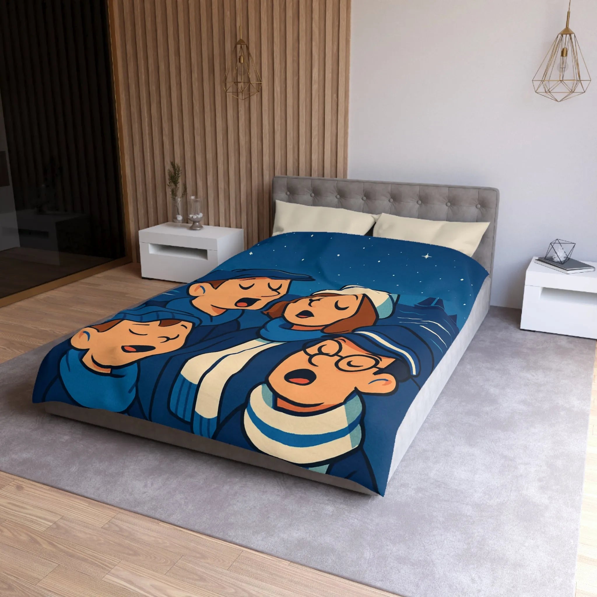 Housse de couette avec illustration nautique vintage de chanteurs sous un ciel étoilé