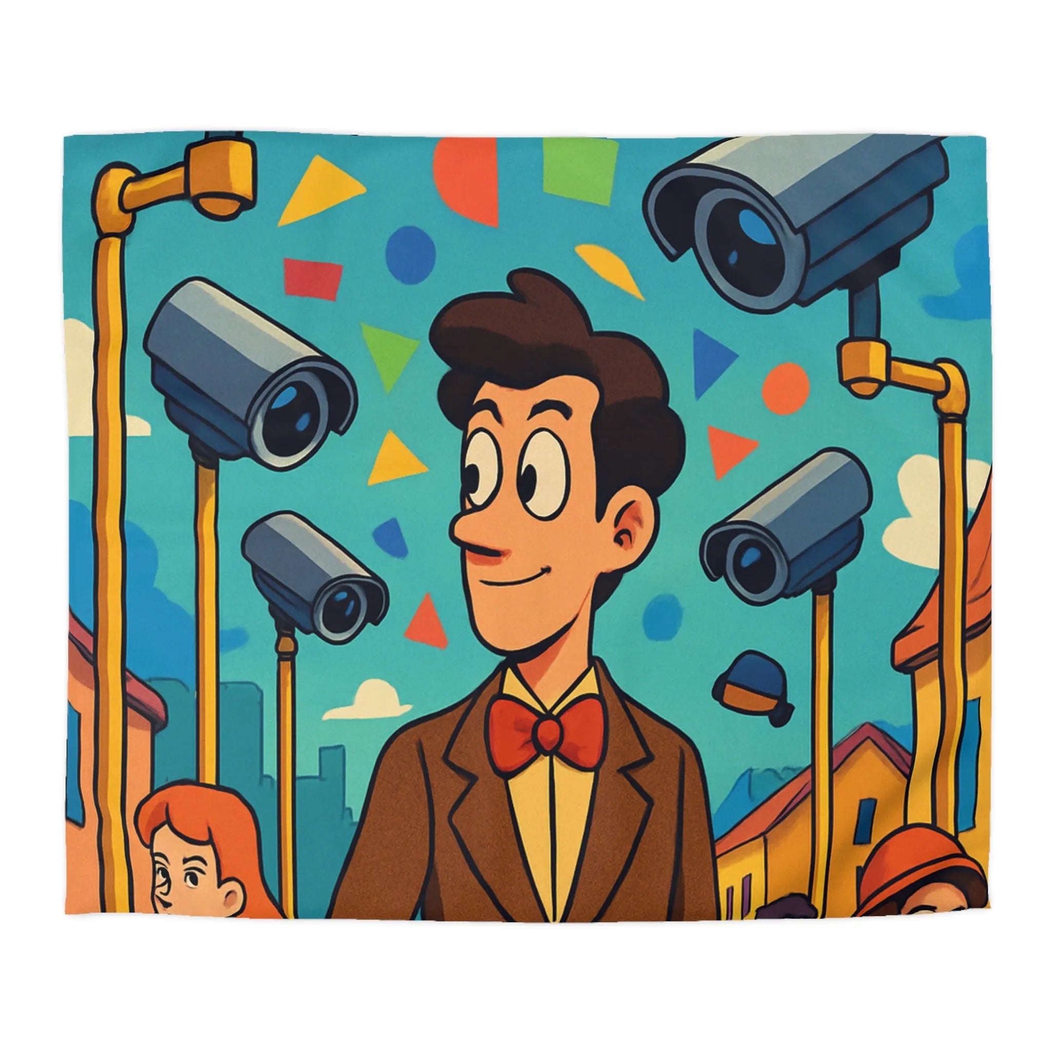 Housse de couette colorée avec motifs géométriques et personnages sous caméras de surveillance