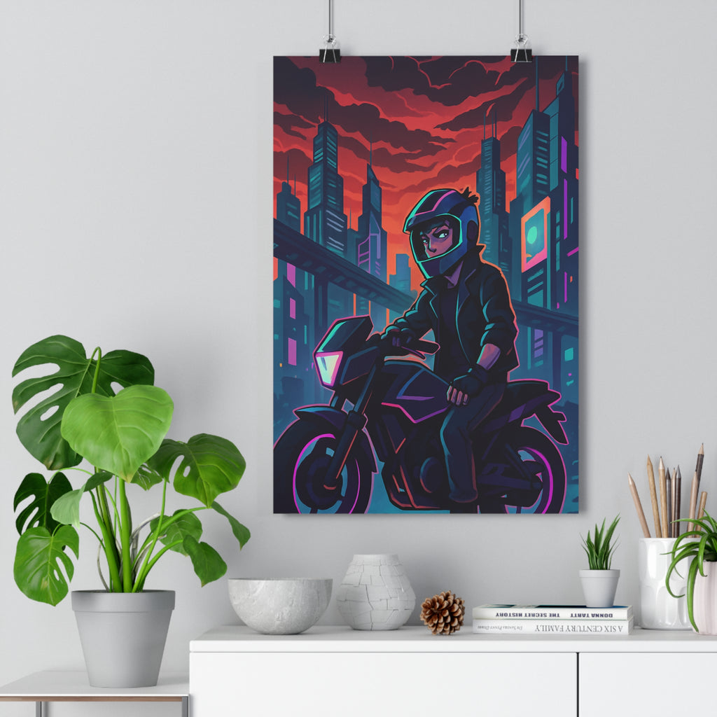 Poster décoratif futuriste motard ville rouge bleuviolet cartoon électrisant salon chambre moderne dynamique qualité