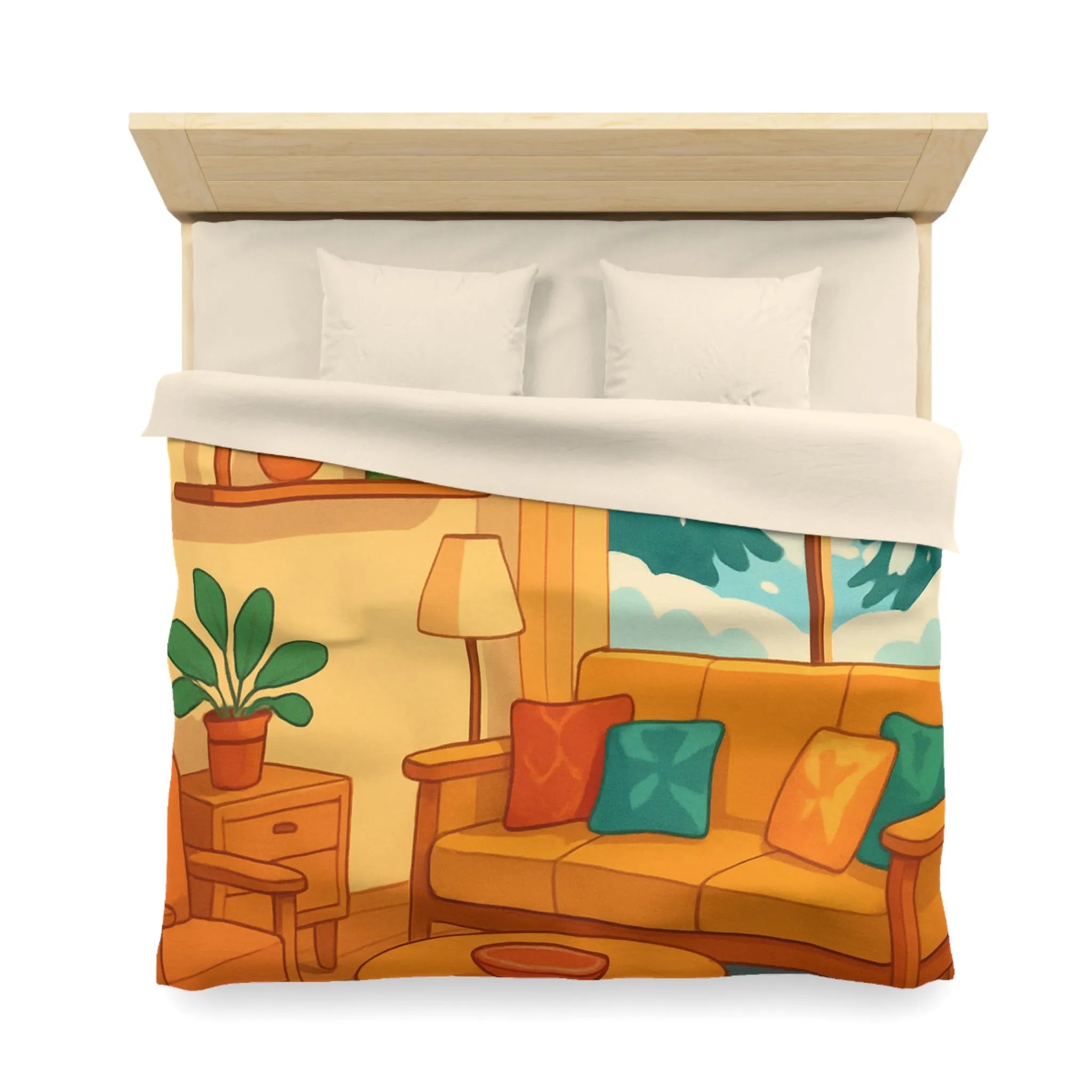 Housse de couette chaleureuse motif salon hiver, décor scandinave avec neige et plantes