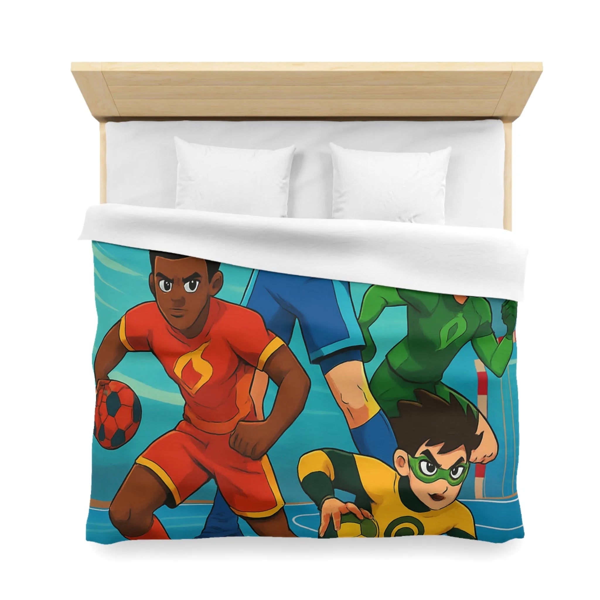 Housse de couette colorée super-héros, style bande dessinée sports, enfants aventure dynamique