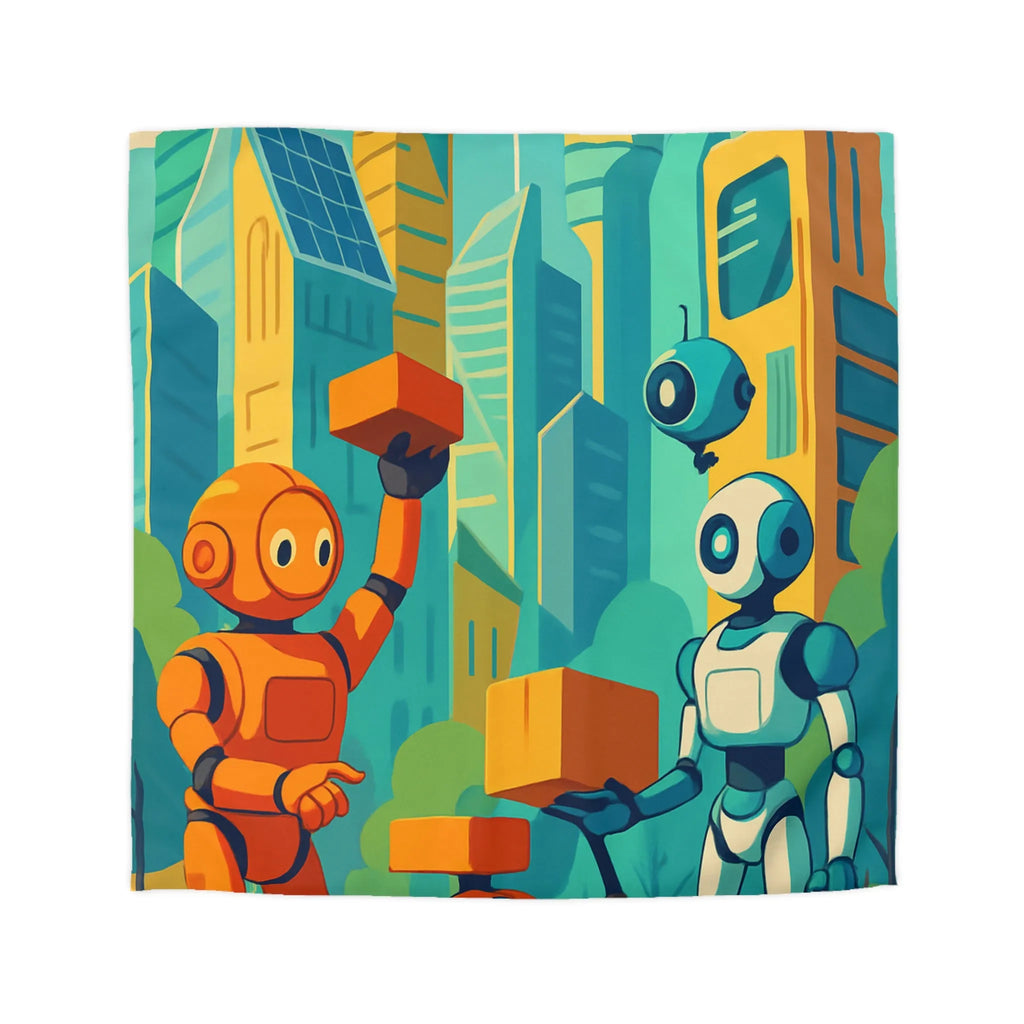 Housse de couette futuriste avec robots colorés dans une ville moderne lumineuse