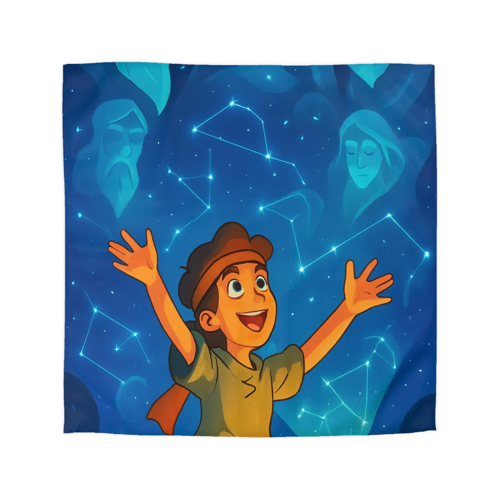 Housse de couette illustrée nocturne avec enfant, robot et constellations célestes inspirantes