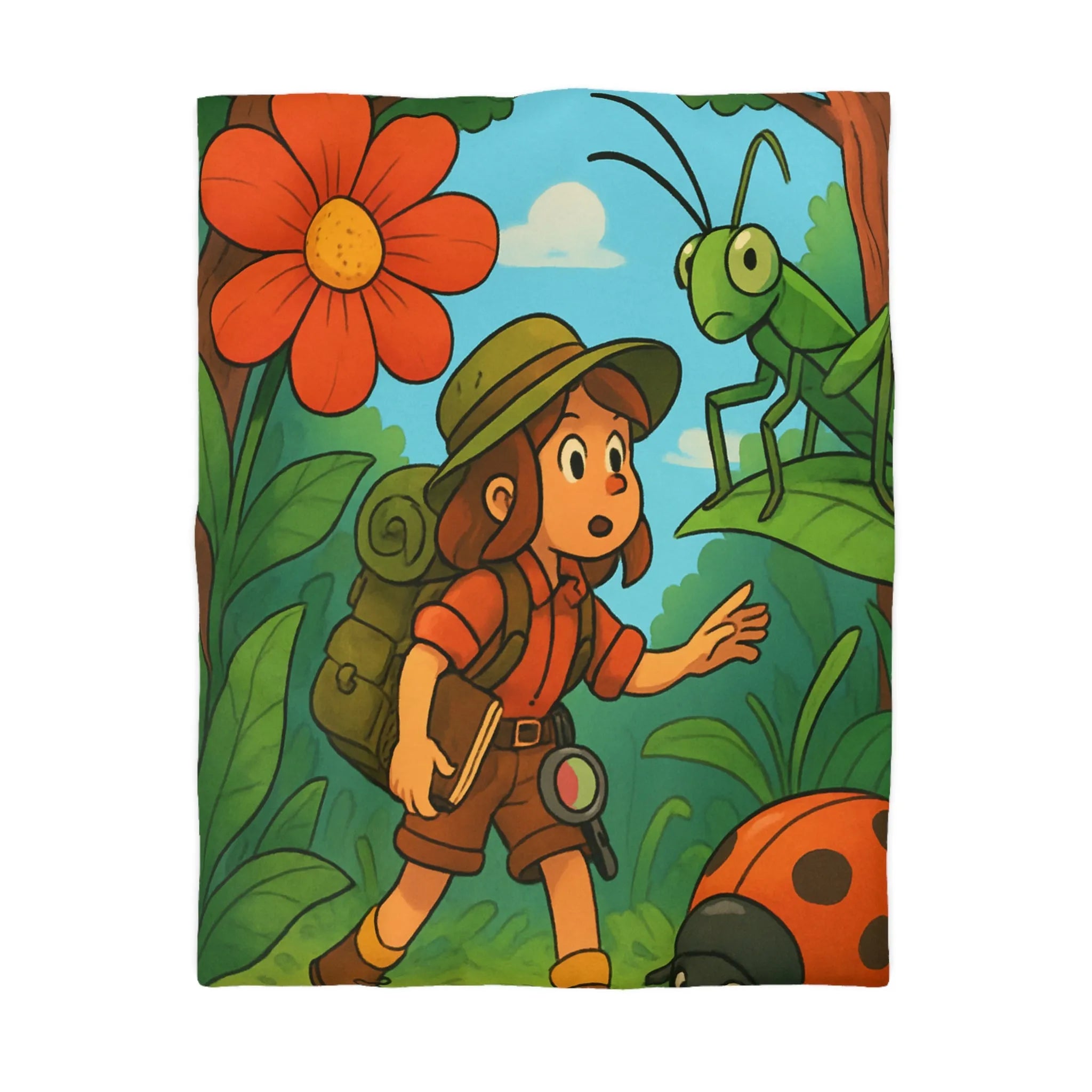 Housse de Couette Enfant Nature avec Exploratrice et Insectes Géants pour Aventure Ludiquement Colorée