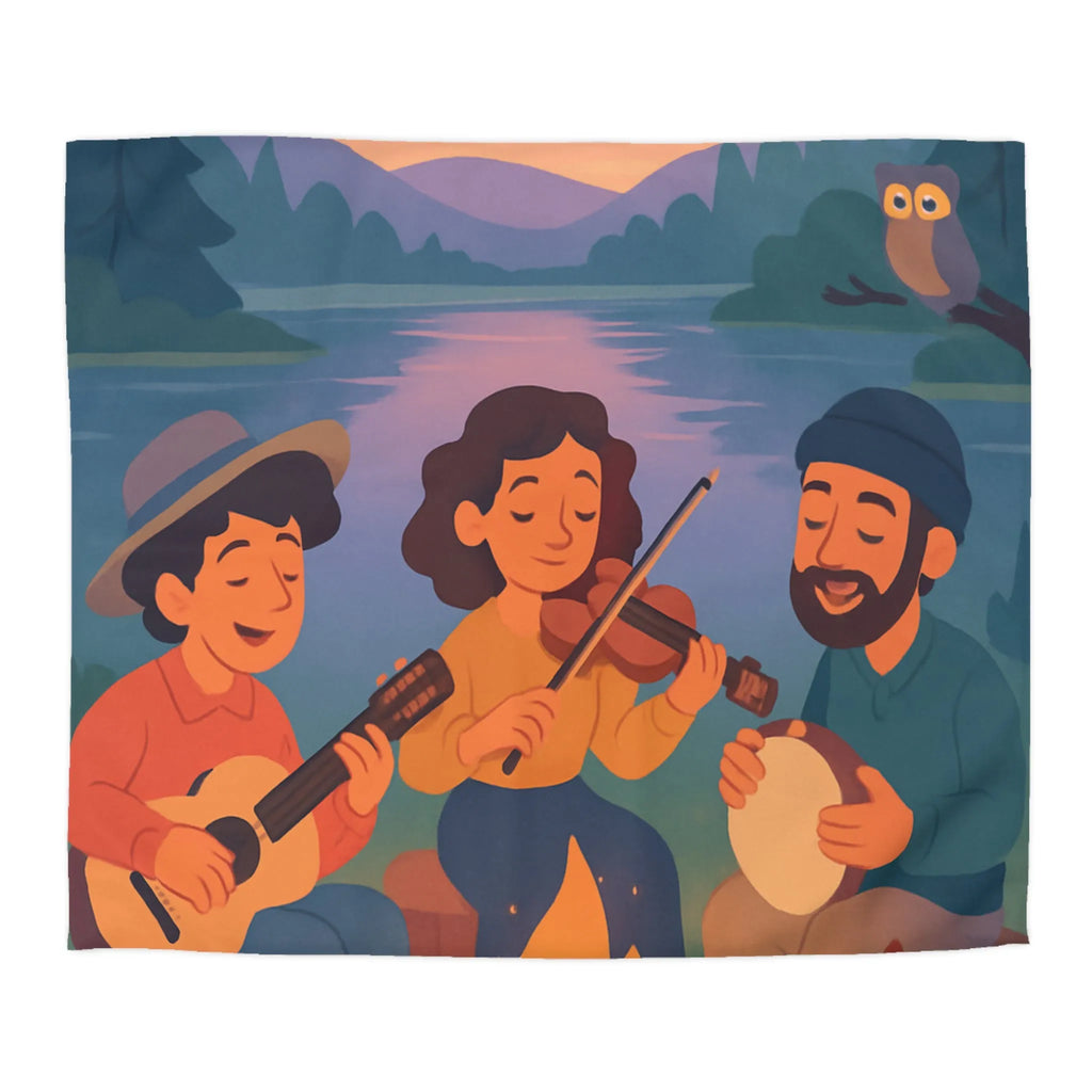 Housse de Couette avec Musiciens et Animaux Près du Feu de Camp au Crépuscule