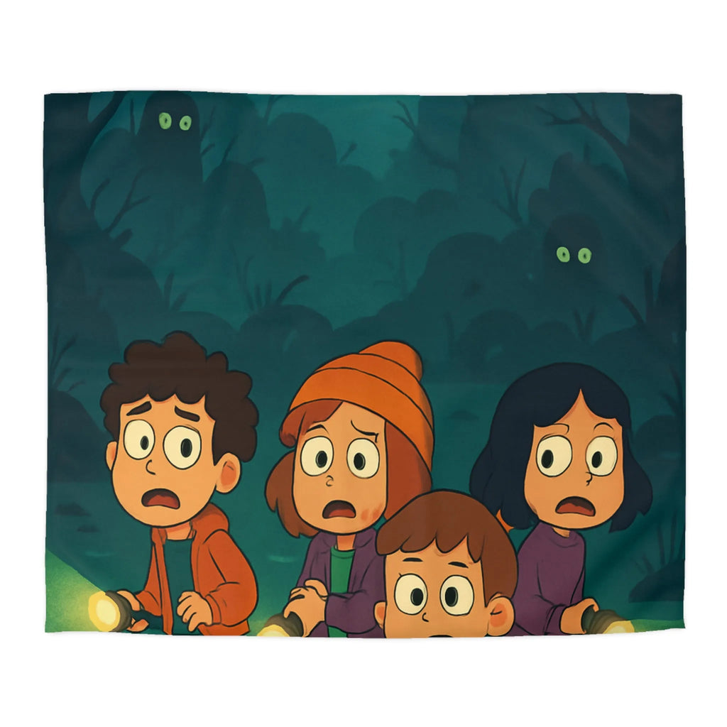 Housse de couette illustrée avec enfants explorant forêt mystérieuse par nuit de pleine lune