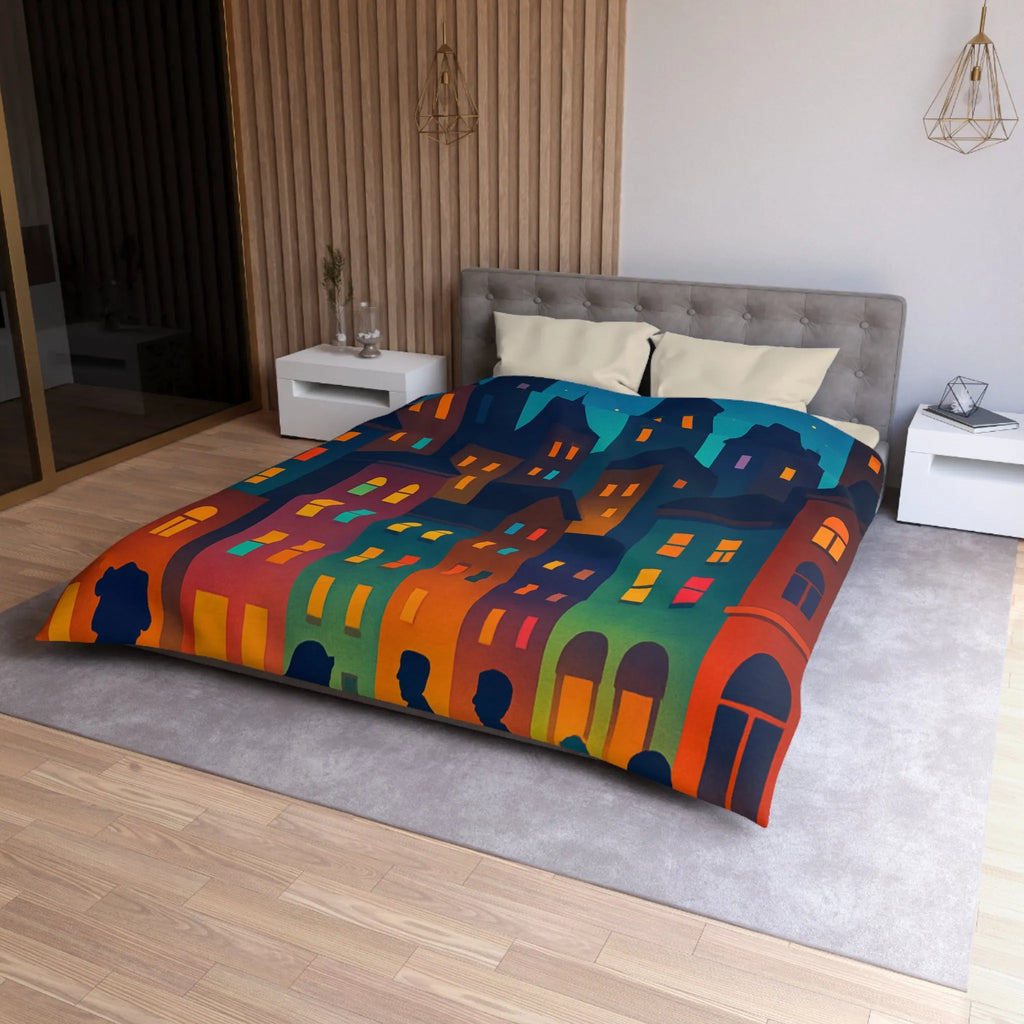 Housse de couette ambiance urbaine douce avec personnages et immeubles nocturnes stylisés